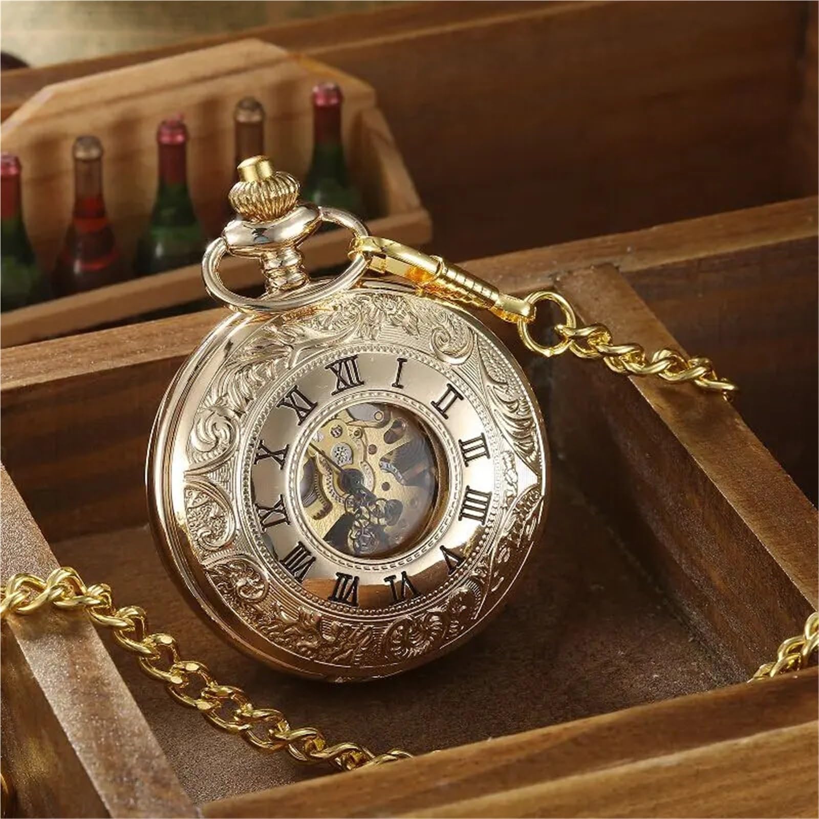 Steampunk Vintage Mechanische Taschenuhr Skelett Zifferblatt Gravierte Fall Fob Kette Anhänger Sammlung Uhr