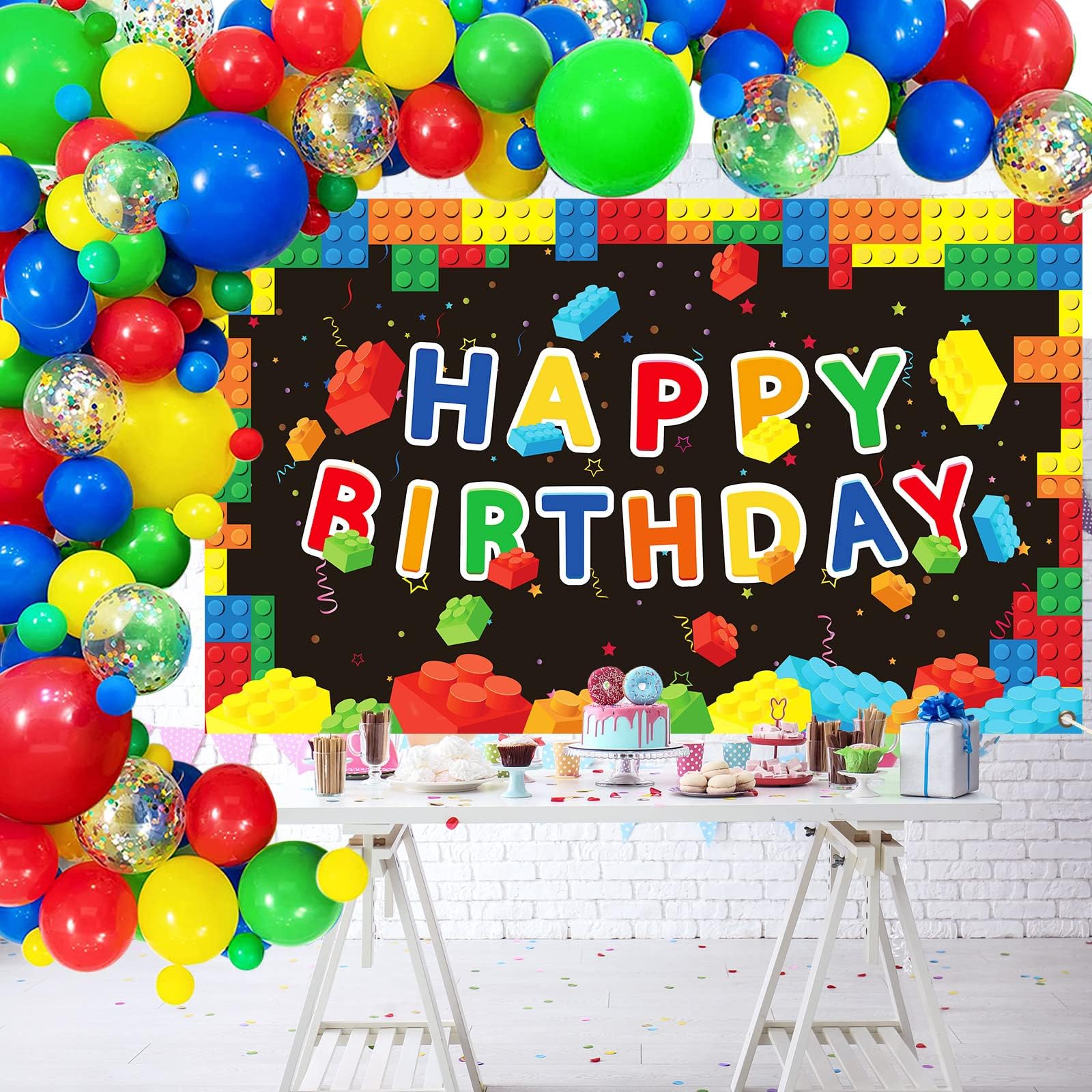 81 Pieces Color Building Block Party Decoration Set Building Block Balloon Arch and Background Kit Child Building Block Balloon Garland Photo Props