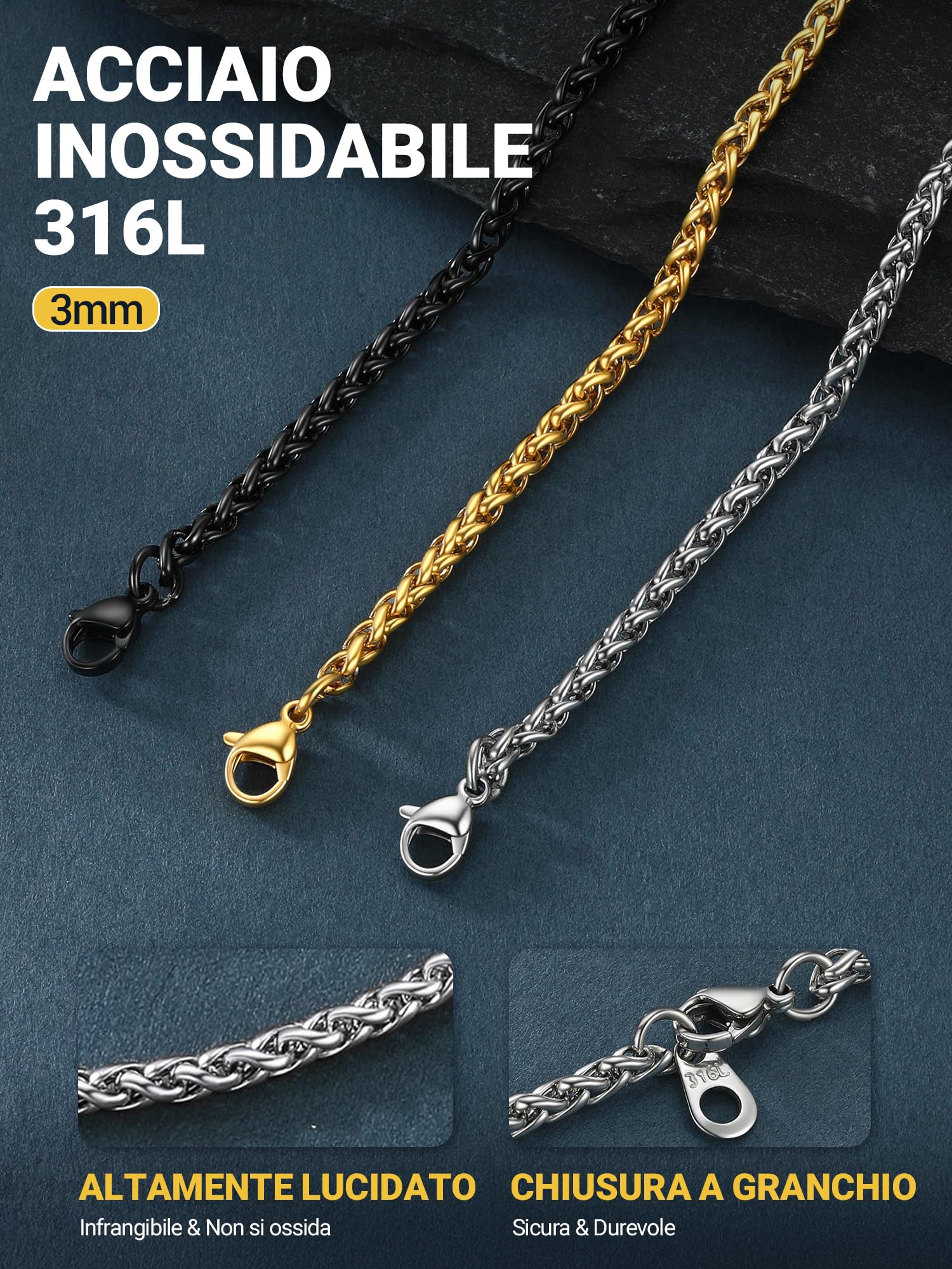 PROSTEEL Collana Uomo Donna, Catena a Maglia Spiga, Catena di Grano, Larghezza 2/3/6/9mm, 316L Acciaio Inox Chirurgico, Confezione Regalo Inclusa, Regalo Uomo Ragazzo