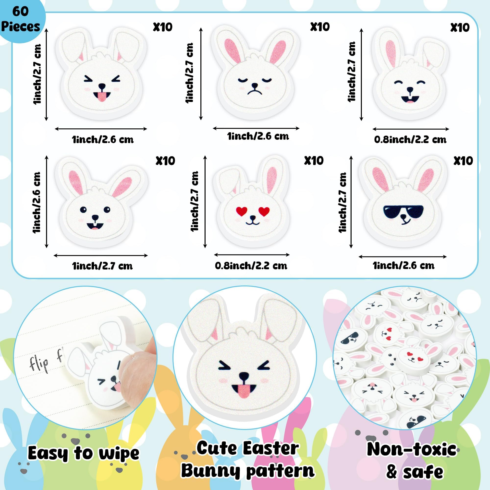 Easter Bunny Mini Erasers for Kids - 60Pcs Spring Gifts Easter Rabbit Pencil Erasers Cute Rabbit Ears Face 3D Puzzle Desk Pet Stationery for Classroom Reward Basket Stuffers Birthday Party