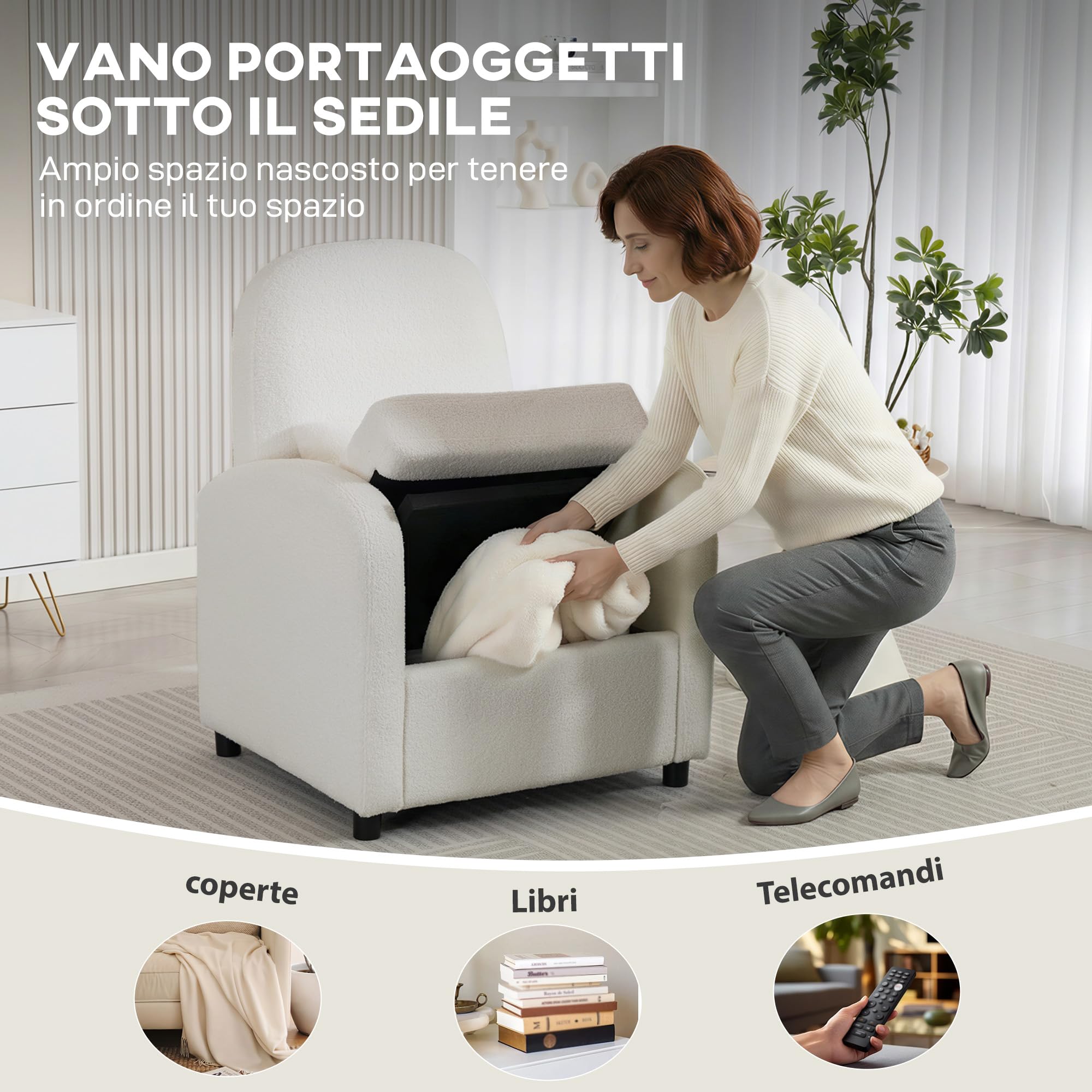 HOMCOM Poltrona Salotto Imbottita con Contenitore Nascosto, Schienale Alto, Poltroncina Moderna con Braccioli, Cuscino Lombare e Seduta Ampia, in Velluto Teddy, per Camera da Letto e Soggiorno, Crema