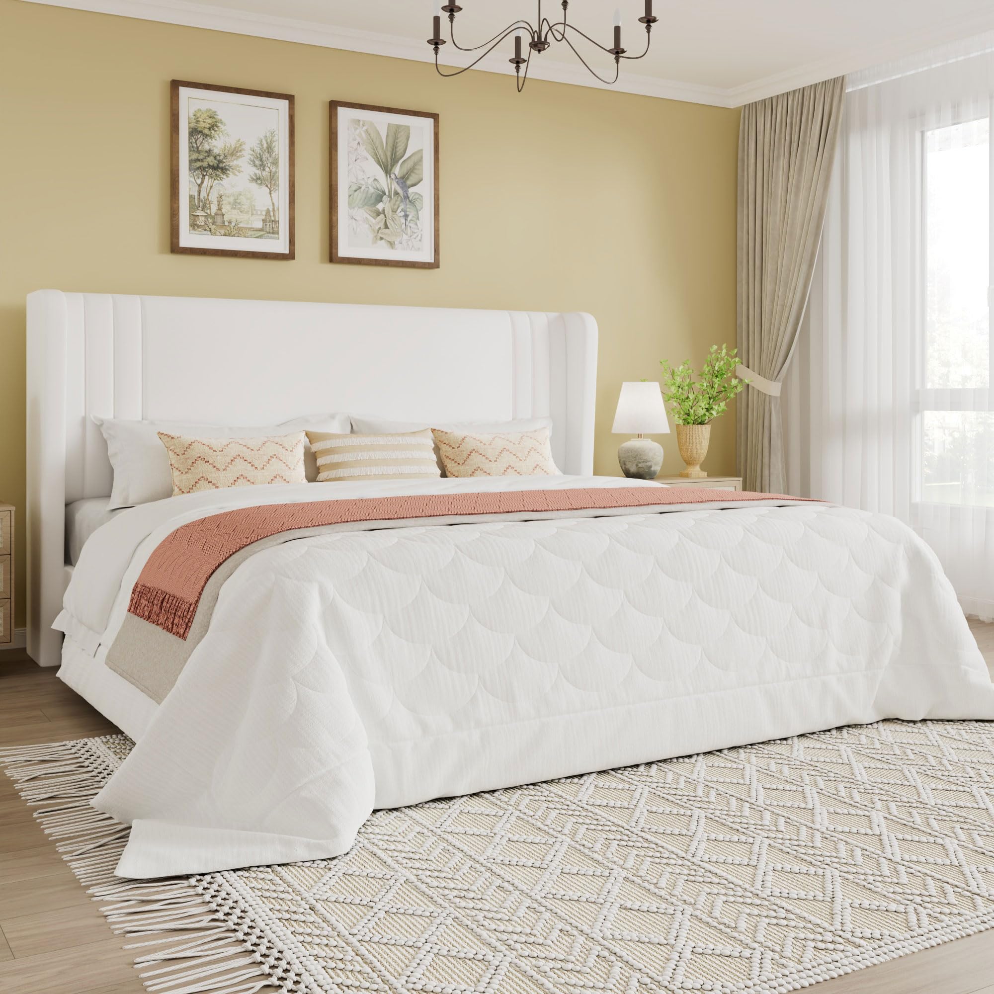 SHA CERLIN King Size Velvet Upholstered Platform Bed Frame with Vertical Channel Tufted Wingback Headboard Wooden Slats Support