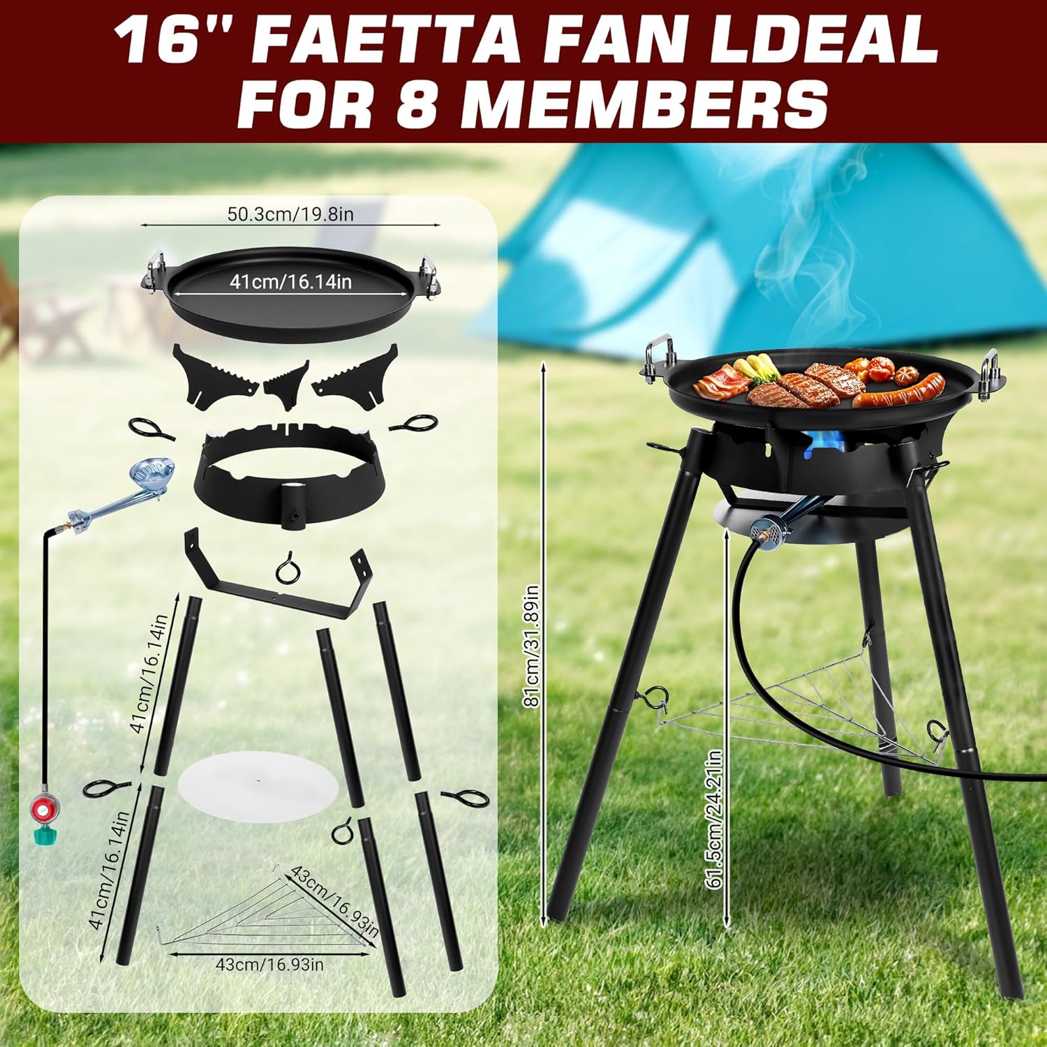 Paella Pan Set with Burner, 16 Inch Carbon Steel Outdoor Pan and Reinforced/Adjustion Legsfor Outdoor Cooking-Q044-2