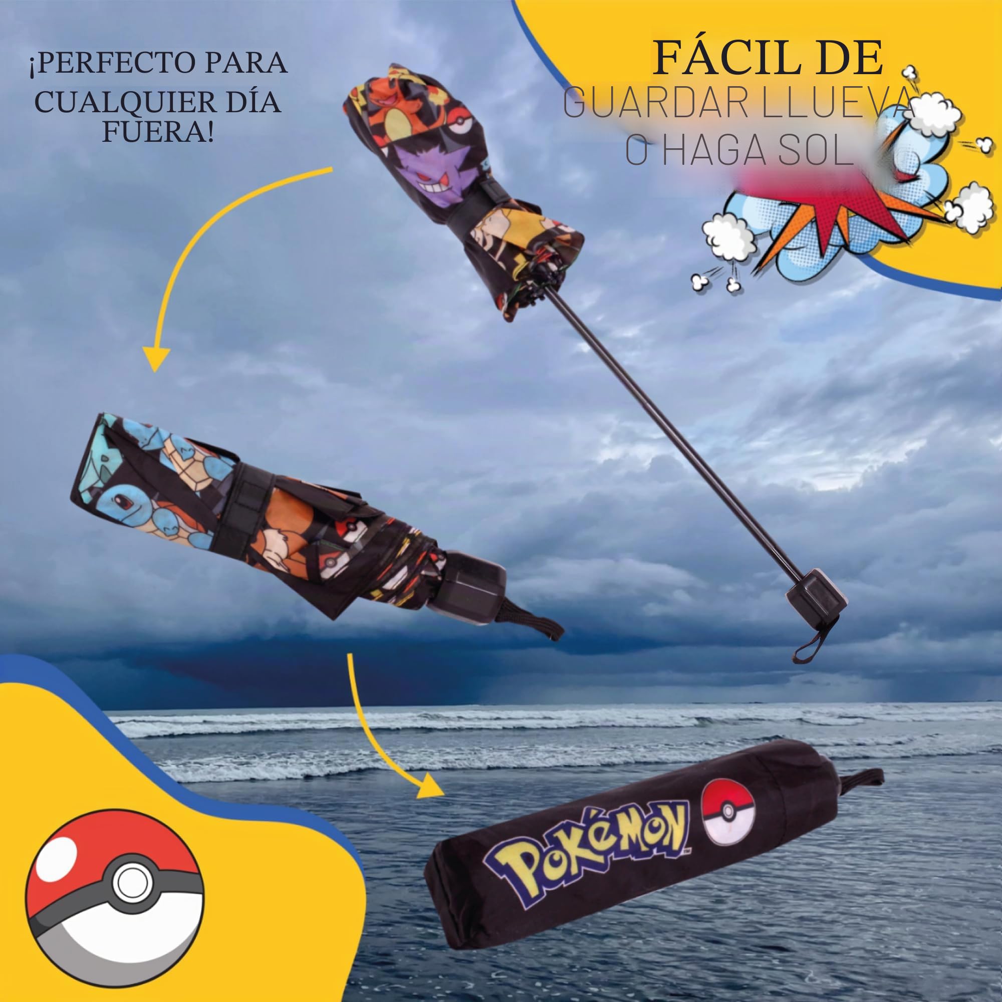 Pokemon Paraguas automático para adultos, niños y adolescentes, paraguas telescópico plegable, ligero, de viaje, escuela, trabajo - Pokémon Gifts