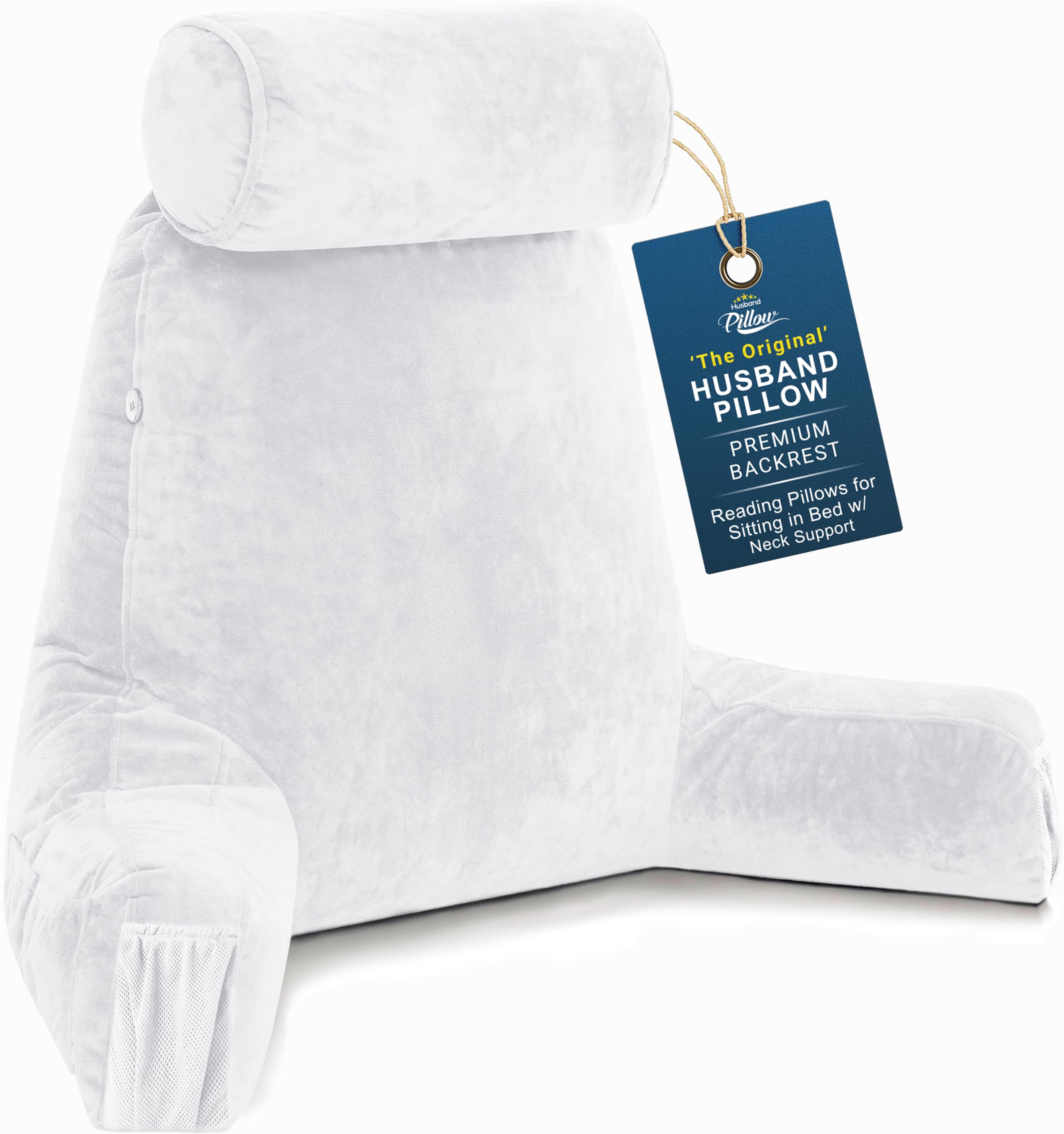 Husband Pillow Medium Reading Pillow with Arms - 23" Backrest for Sitting Up in Bed - Firm Support Bed Rest Pillow for Adults, Neck Roll, Removable Cover - TV, Reading, Lounging - White