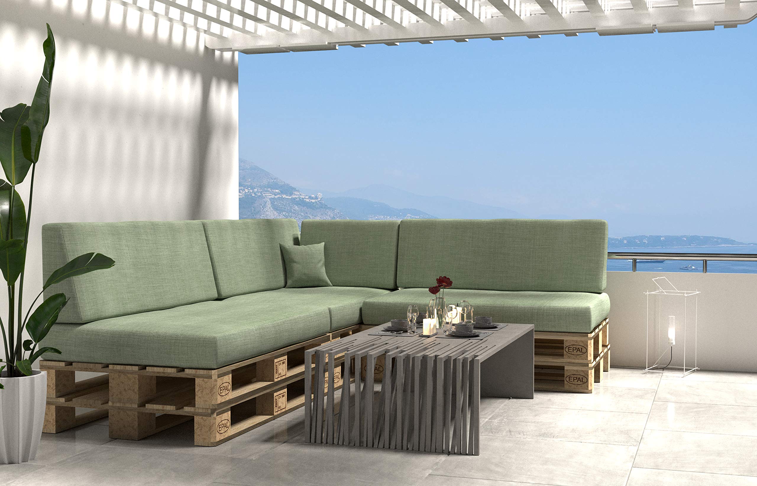 POKAR Euro Pallet Seating Set of 2: 1x seat cushion 120x80cm + 1x back cushion 120x40cm, cold foam, removable covers, Home Garden Furniture DIY, indoor outdoor pillow, without pallets, Beige — view 315