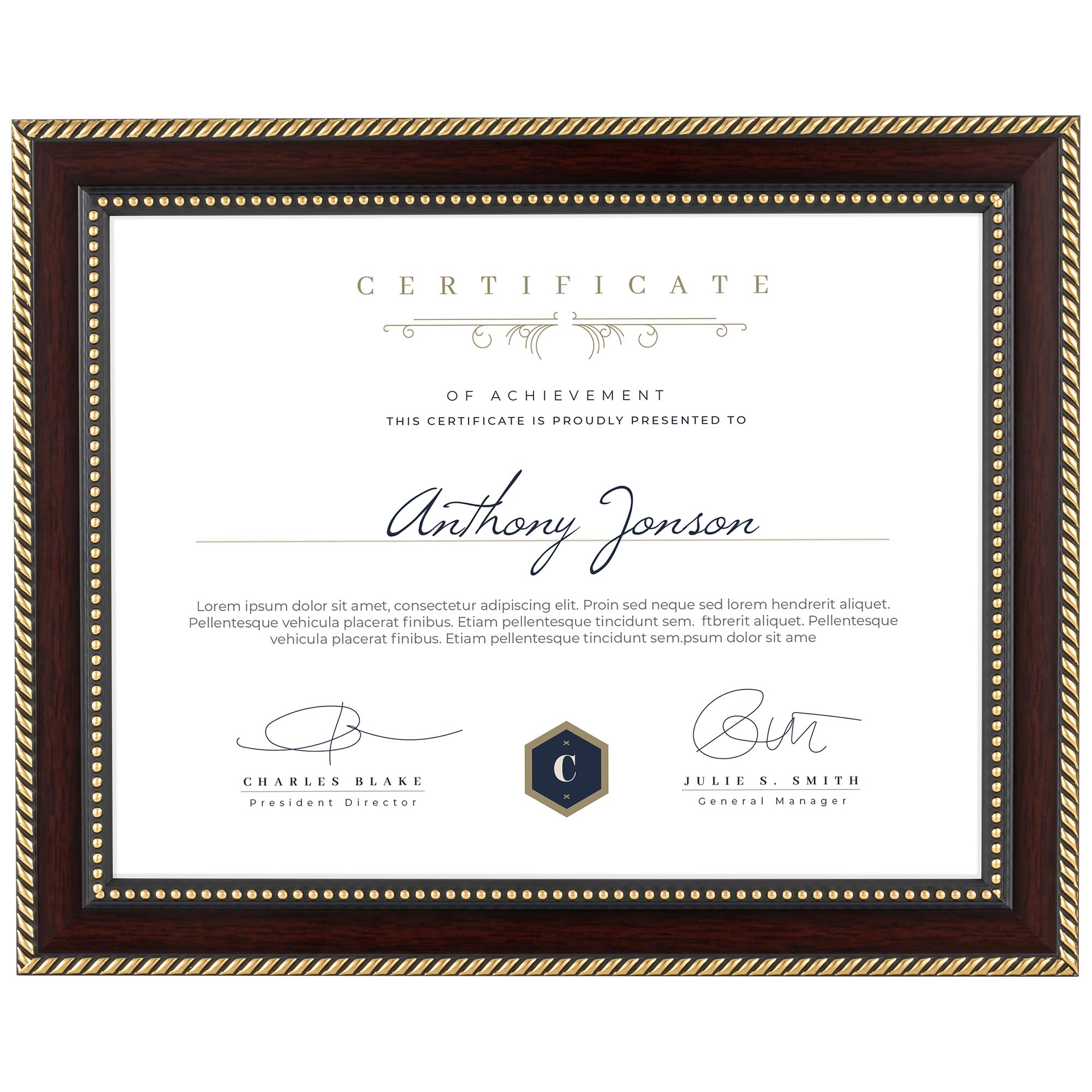FLYJOE 8.5x11 Diploma Frame for 8.5x11 Certificate|Document|Degree|Pictures with HD Tempered Glass 8.5 by 11 Picture Frame for Wall &amp; Tabletop Display, Mahogany with Gold Beads