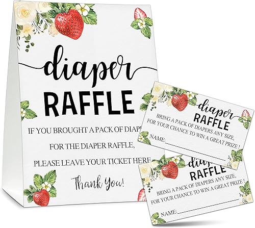 Juego de baby shower, 50 boletos para rifas de pañales con 1 letrero de pie, suministros de decoración de fiesta de revelación de género de bayas y