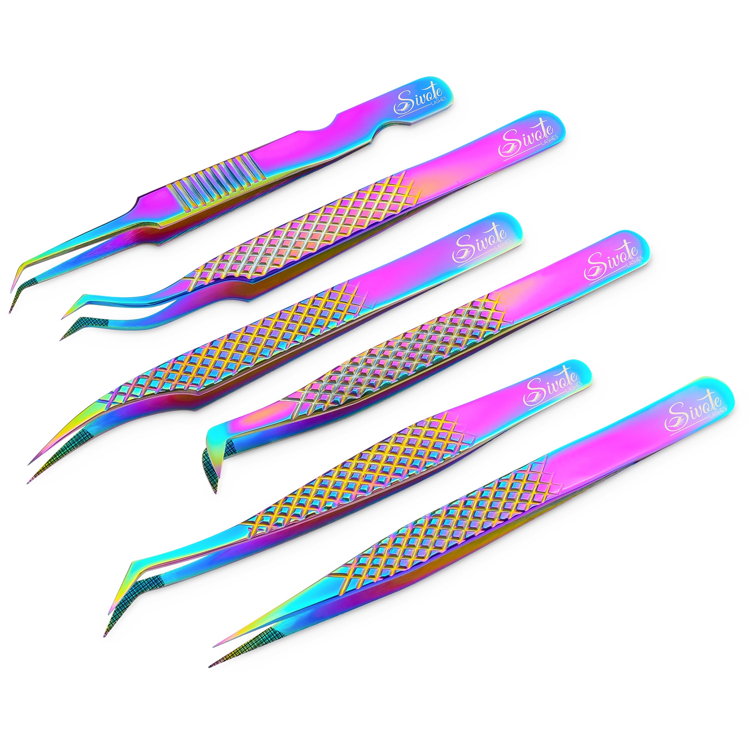 SIVOTE Eyelash Extension Tweezers Fiber Tips Japanese Steel, Set of 6 – Curved, Dolphin, 90° 45° Volume Boot & Slight Curved Tweezer – Professional