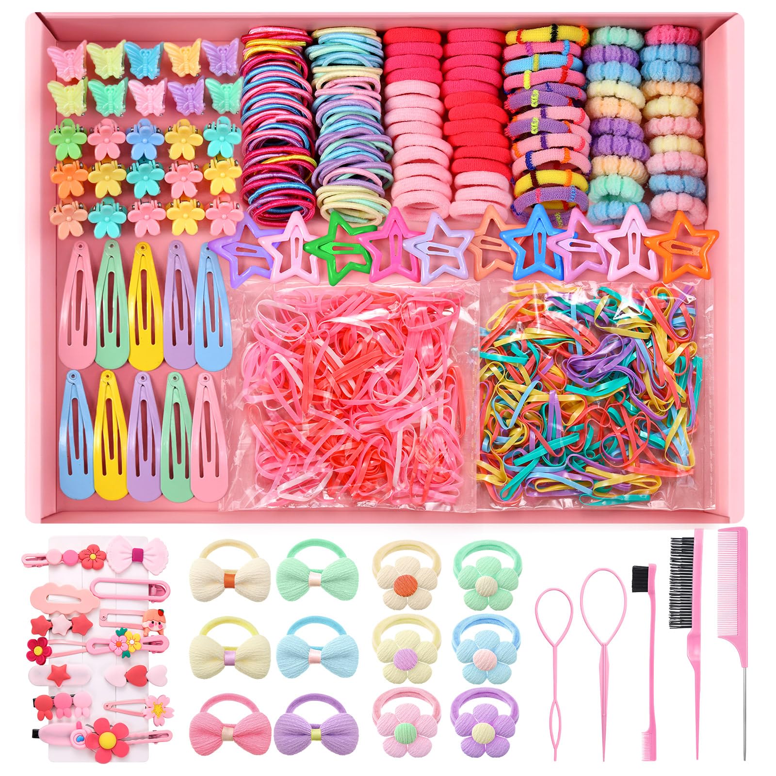 946 Pcs Hair Accessories for Girls, Colorful Hair Rubber Bands Elastic Hair Ties with Cute Hair Clips Hair Styling Tools