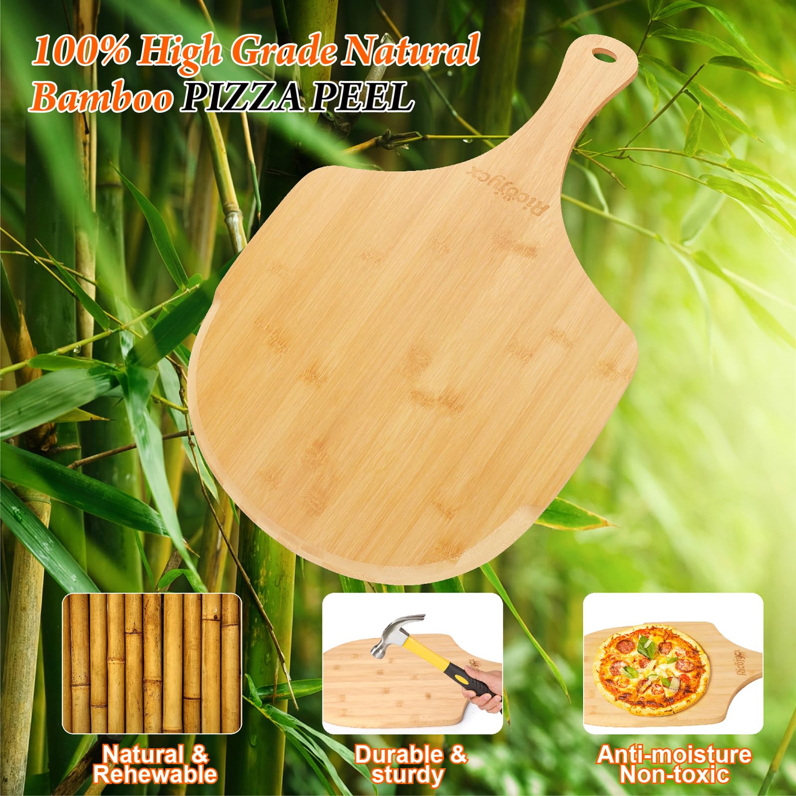 Zestaw łopat do pizzy i desek do krojenia, 35 cm, naturalny bambus, 2 sztuki