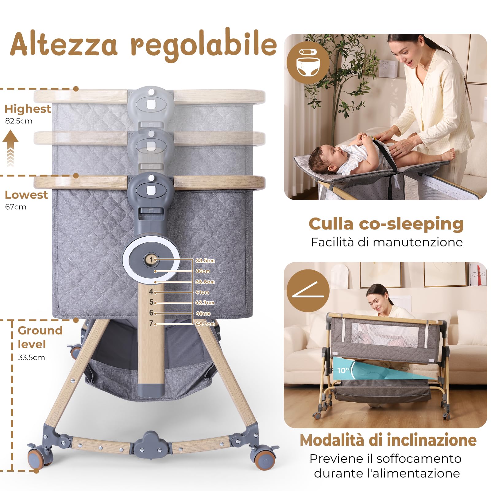 HOLAVIDA 5 in 1 Culla Neonato, Culla Co-Sleeping, Letto Neonato con Ripiano, Zanzariera, Fasciatoio, Materasso, Lettino da Viaggio Regolabile per Neonati/Lattanti (Grigio)