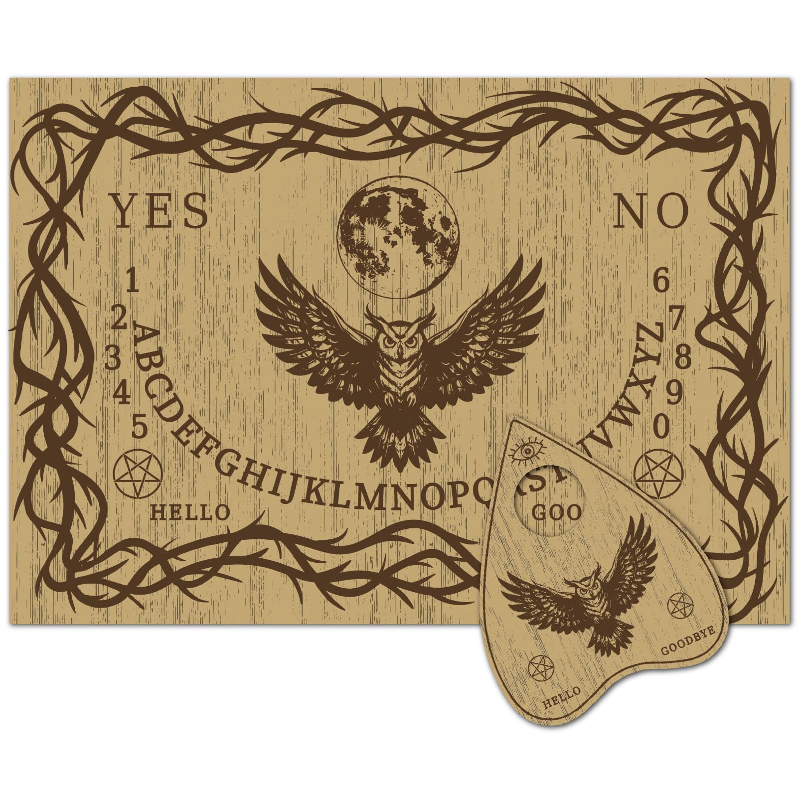 CREATCABIN Wood Spirit Board Divination Pendulum Board Wooden Vintage Owl Rectangle Word Heart Talking Hunt Dowsing Metaphysical Message Planchette Tool for Wicca Pagan Party supplies 11.8 x 8.3 Inch