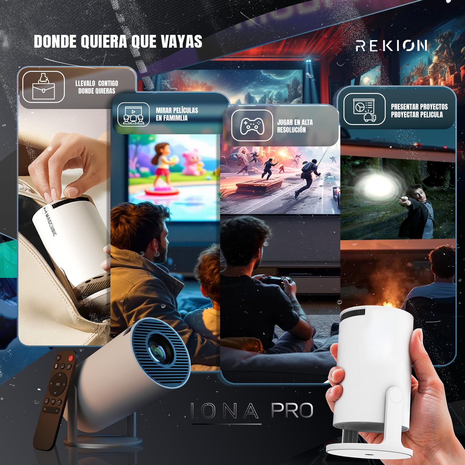 REKION® [Apps INTEGRADAS] Proyector Portatil HY.300 4K + Pantalla 60 Pulgadas | HDMI Incluido | 1080P Full HD 250 ANSI 9000 Lúmenes | WiFi 6 Bluetooth 5.0 | Android 13 | 180°Rotable — view 2