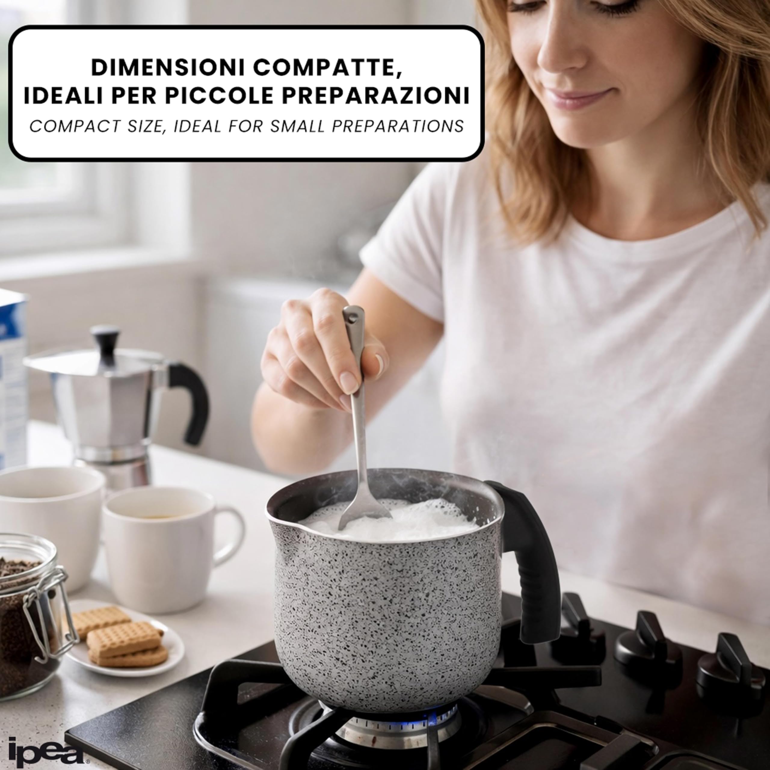 IPEA Bollilatte in Alluminio effetto Granito per Fornelli a Gas – 12 CM - Pentolino per Latte, Caffè e Cucina – Antiaderente con Manico Ergonomico –– Pentolino da Cucina Compatto - NO INDUZIONE