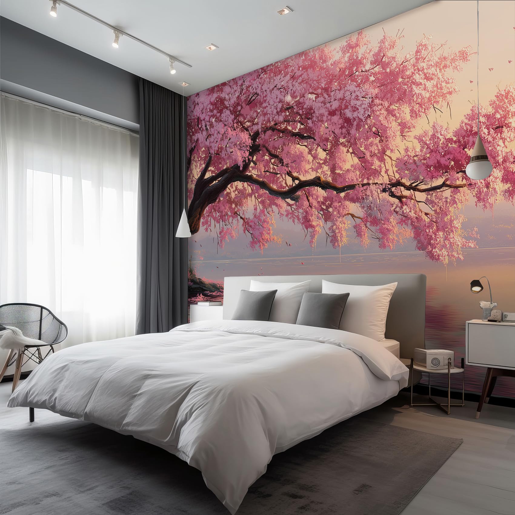 Générique Papier Peint Panoramique Fleur de Cerisier, Papier Peint Japonais Lac Paysage Fond pour Chambre Wallpaper, Fresque Murale pour Salon Salle Deco Murale, 250x175cm D&O22