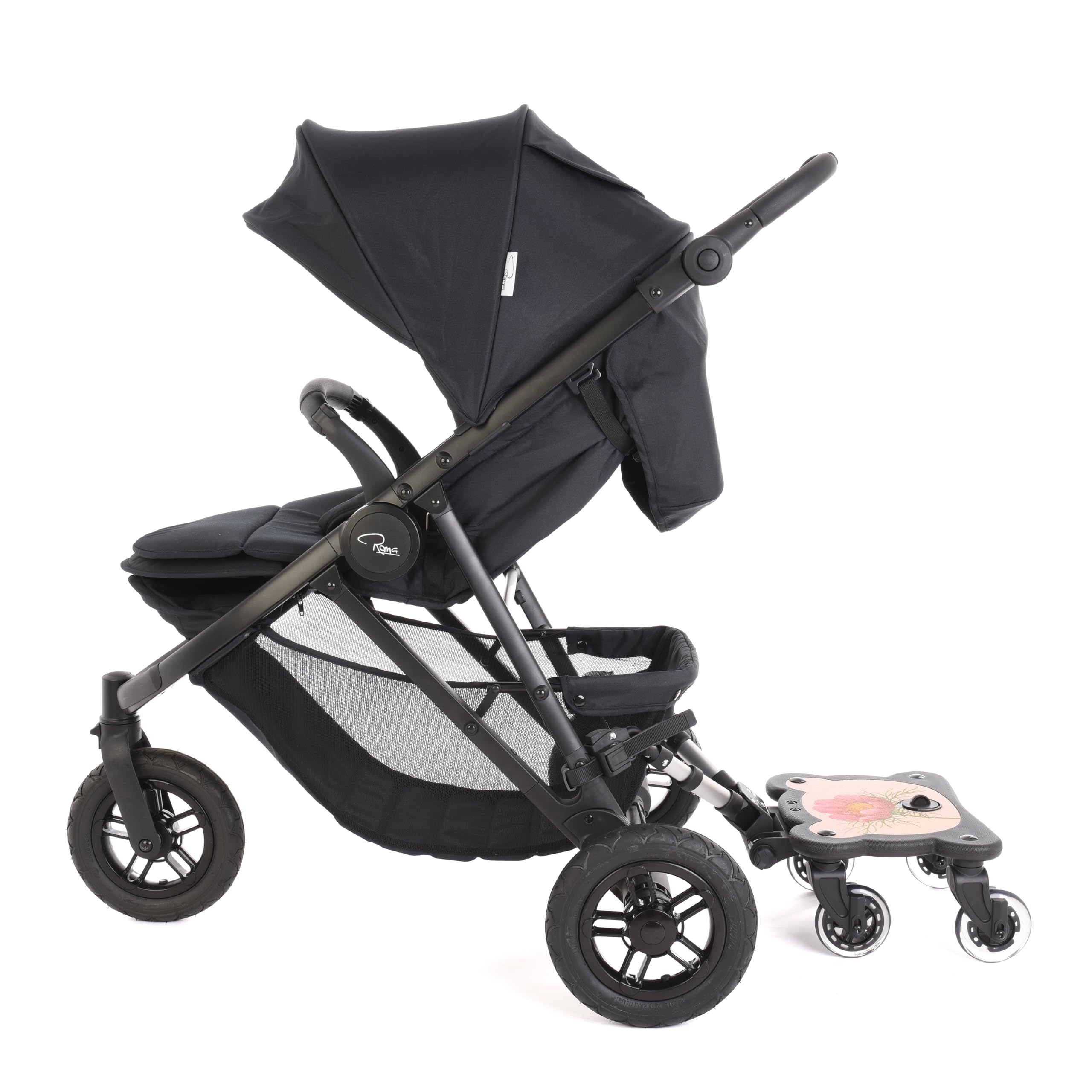 Roma X RHS Planche universelle pour poussette 4 Rider avec siège - Roues à LED, siège à motifs, s'adapte à 99% des landaus, pour enfants de 1 à 6 ans (25 kg), design à 4 roues, roue jouet, assise ou