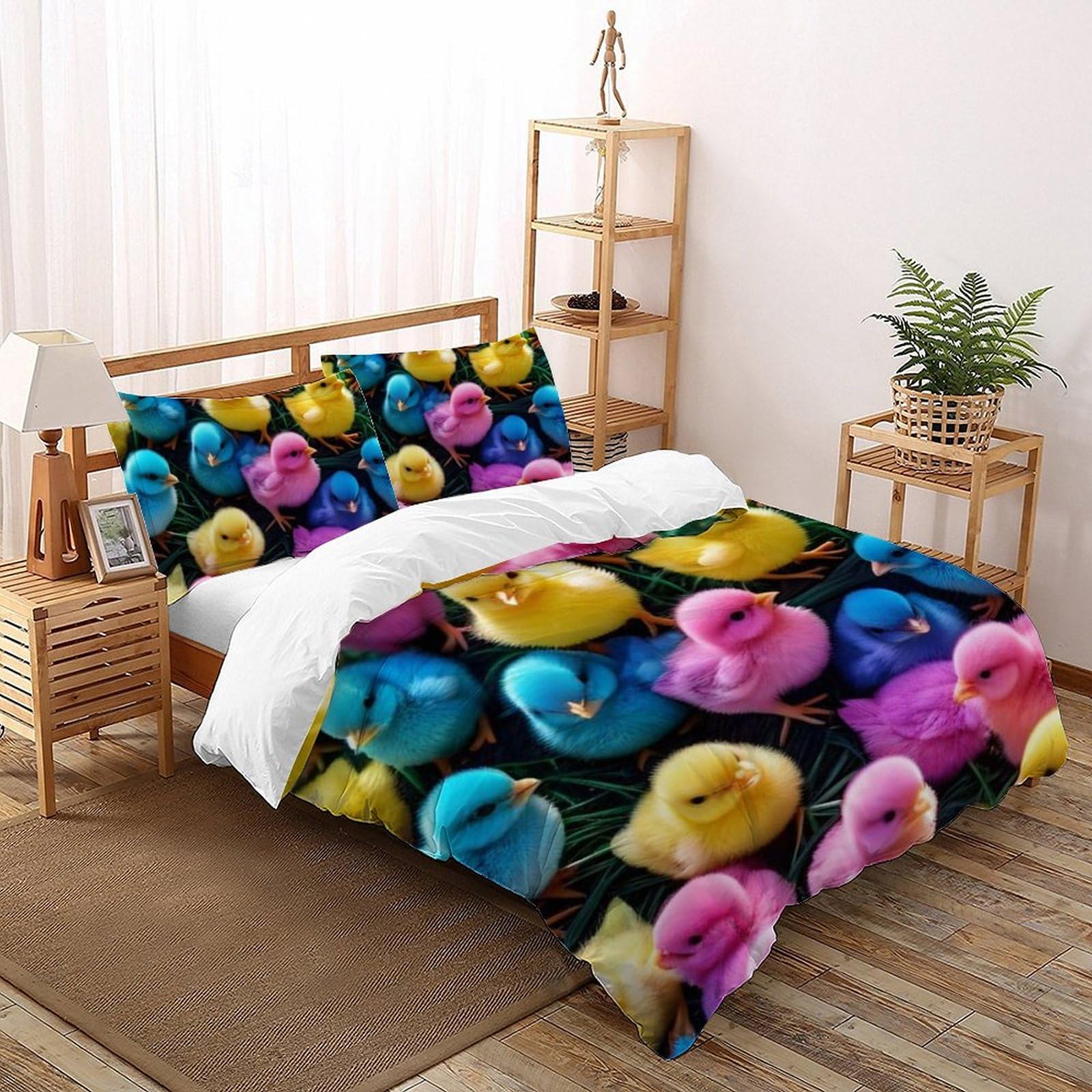 Parure de lit poulet coloré et plantes vertes pour créer un nid douillet et joyeux de fille
