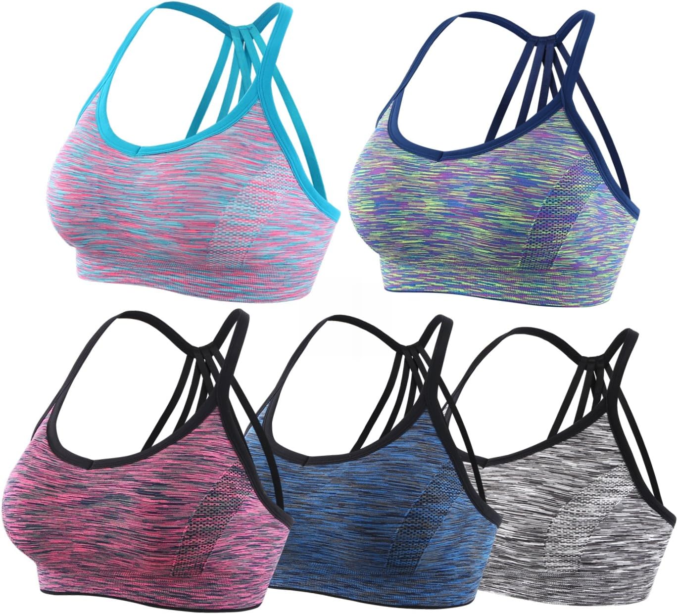 EMY Strappy Sports Bra Space Dye Parachute Back Seamless Removable Pads for Yoga Running Workout Fitness (L)