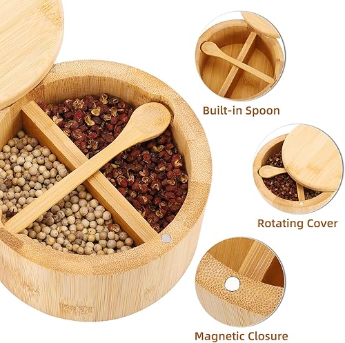 Miniatura 6 de RAETTER.LY Cuenco de bambú natural para sal y pimienta, bodega de sal de bambú y caja de almacenamiento de especias con cuchara integrada y tapa