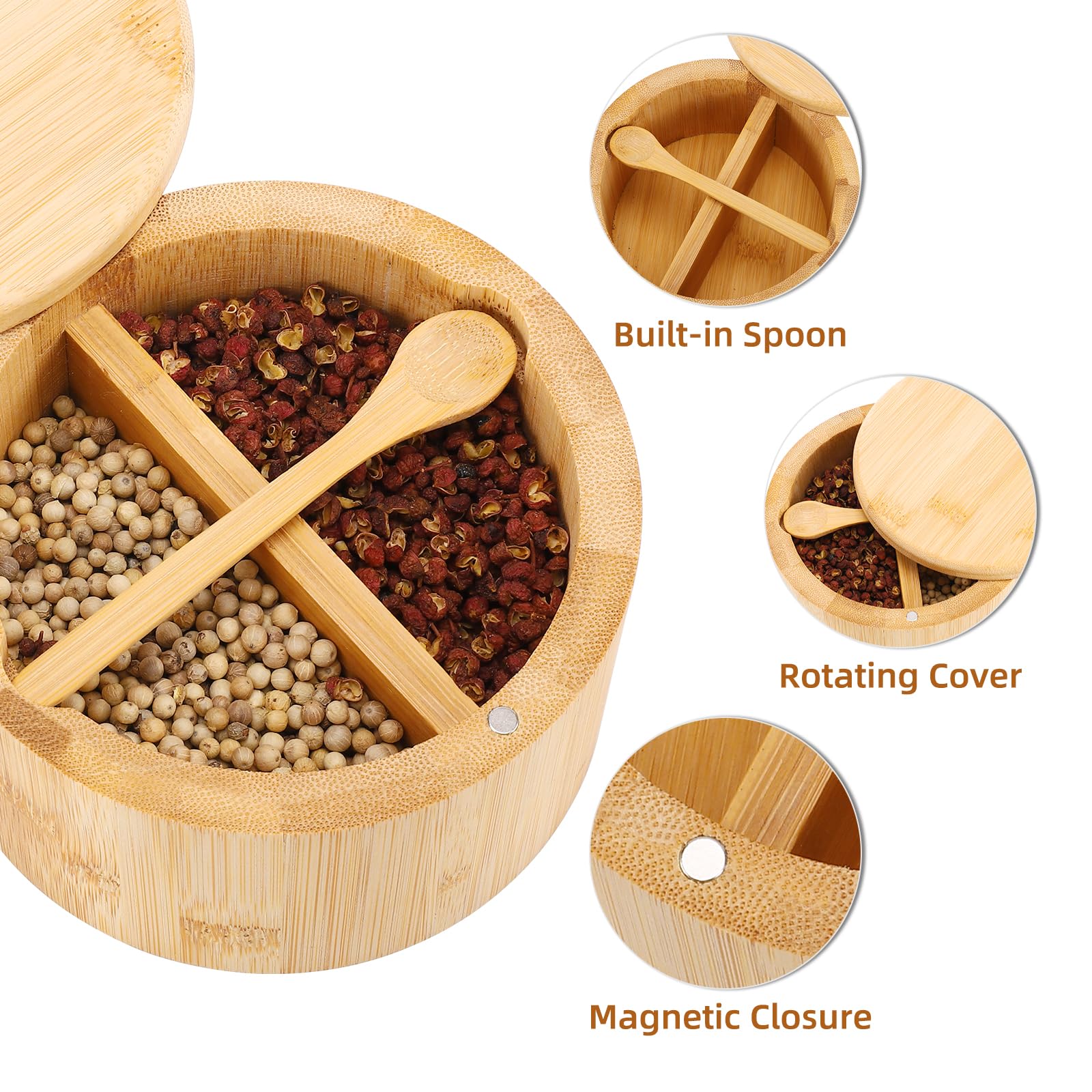 Salero y pimentero de bambú natural, salero y especias, caja de almacenamiento con cuchara integrada y tapa giratoria magnética (dos compartimentos)