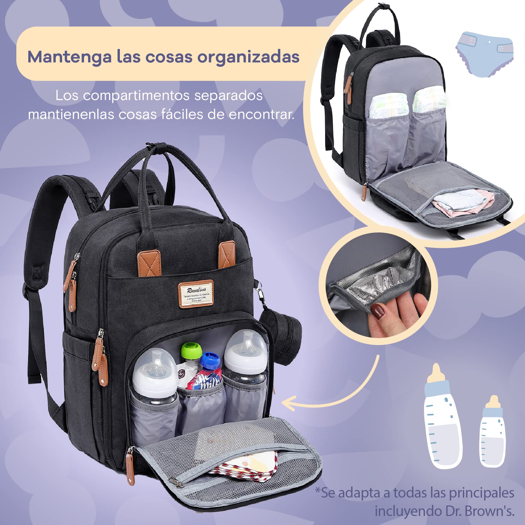 RUVALINO Mochila para Pañales, Bolso Cambiador Bebé con Esterilla Portátil, Portachupetes y Correas para el Cochecito, Bolso de Viaje Impermeable Multifuncional para Mamá y Papá