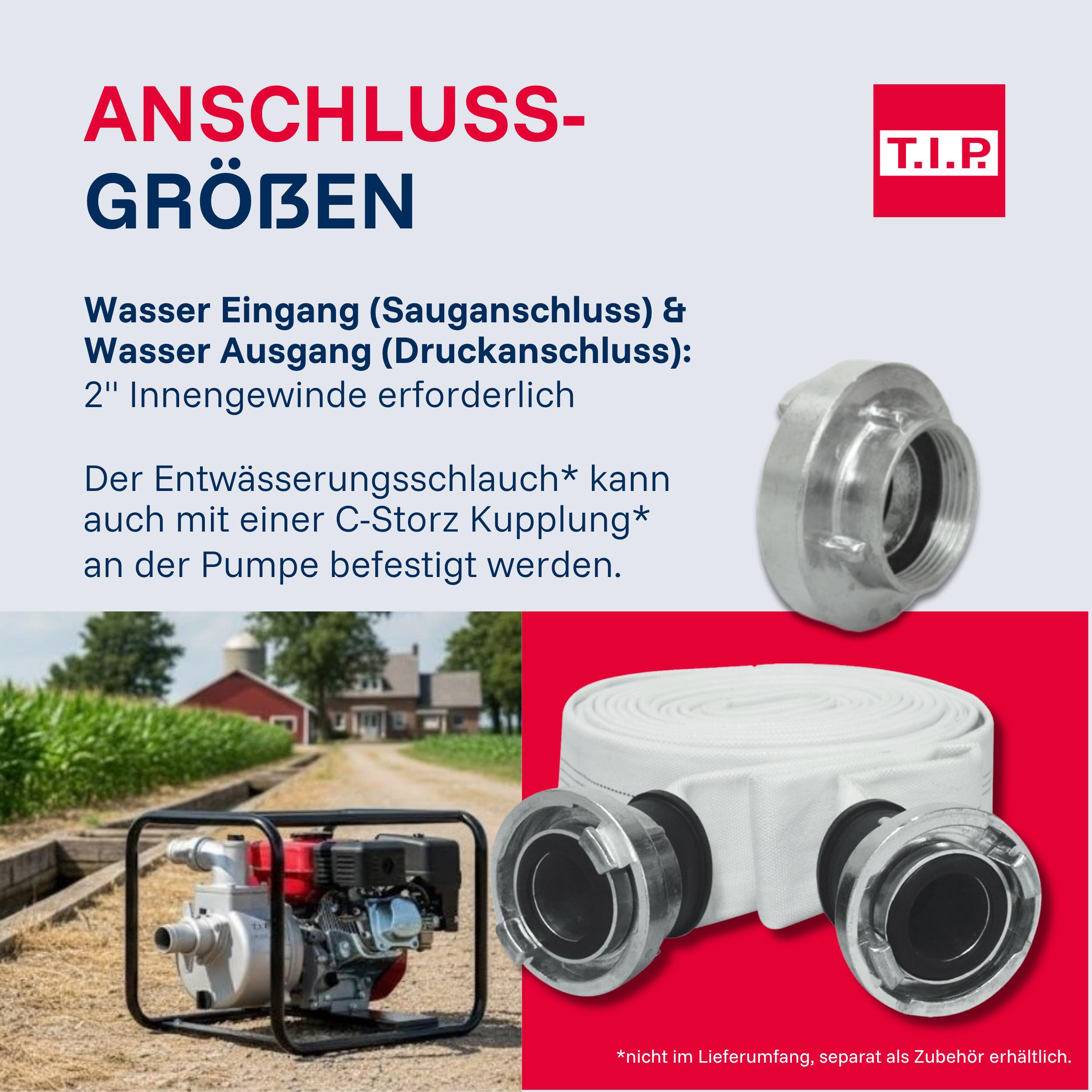 T.I.P. Benzin Wasserpumpe - Motor Gartenpumpe (30.000 l/h Fördermenge, 30 m Förderhöhe, 3,0bar Druck, max. 3,85kW (5,2PS) Leistung, Ölmangelsicherung, 4-Takt-Motor, Rückschlagklappe) LTP 500/30, 30197