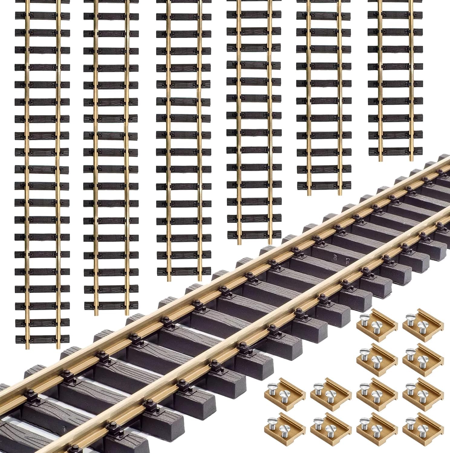 Spur G Gleise 6X 150cm mit Schraub-Schienenverbindern - Messing-Schienen Gerade & Gebogen Modell-Eisenbahn - Gartenbahn-Zubehör (Flexgleis)