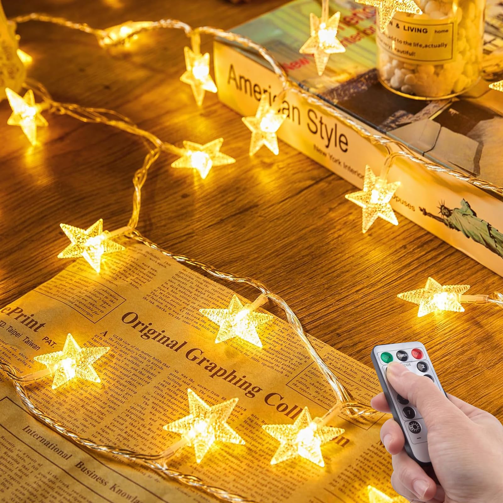 Star String Lights, 20 FT 40 LED Star Lights with Remote Control [Timer], 8 Modes Battery Operated Twinkle Lights IP65 Water Proofing, LED Fairy Lights for Bedroom Party Wedding Xmas Tree Decoration.