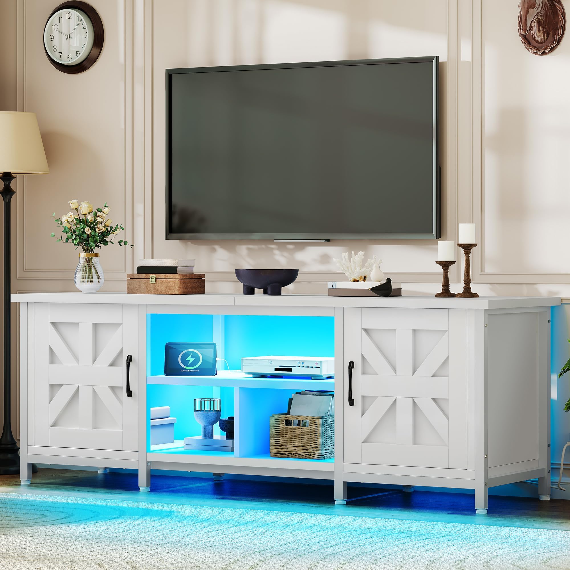 YITAHOME TV Stand with LED Lights & Charging Station, Farmhouse Entertainment Center with Storage Cabinets & Shelves, Cross-Pattern Doors, Fits TVs up to 70'', TV Consoles for Living Room, White