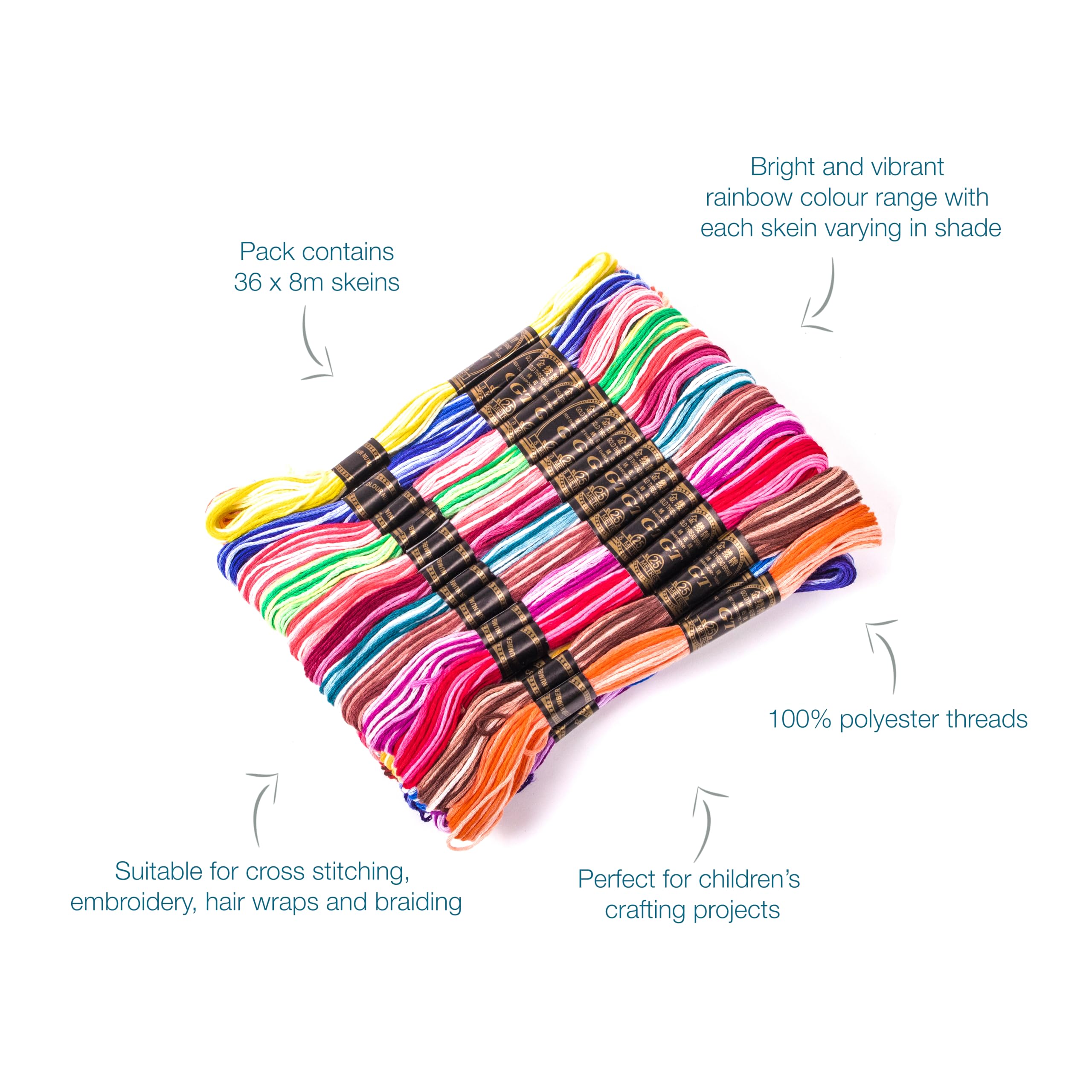 Trimits Floss Premium Embroidery Thread, 8m Skeins, 36 Pack, Rainbow Variegated