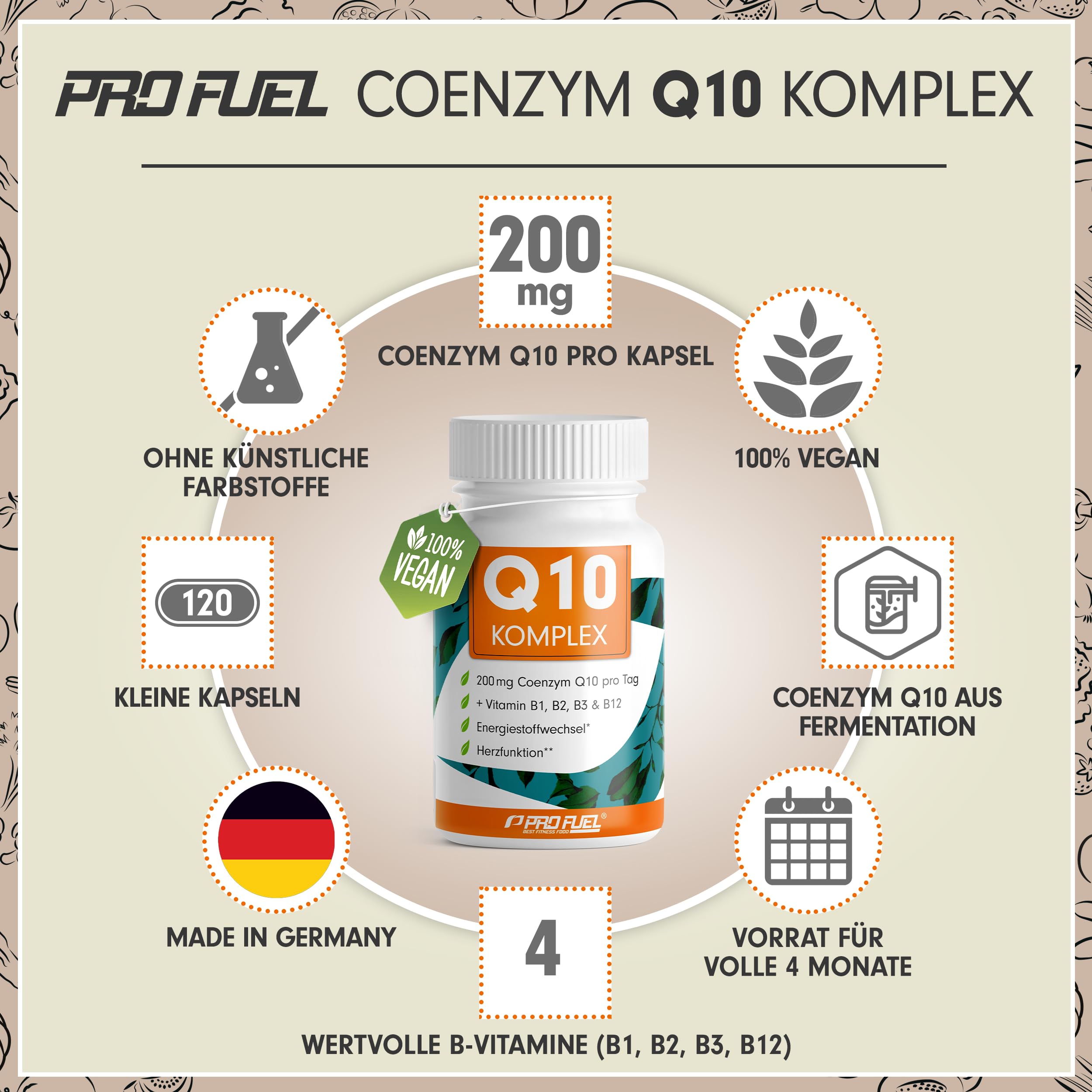 Q10 Kapseln hochdosiert 120x - Coenzym Q10 KOMPLEX mit 200mg Coenzym Q10 + Vitamin B1, B2, B3 und B12 - Energiestoffwechsel & Herzfunktion - laborgeprüft mit Zertifikat - Vorrat für 4 Monate