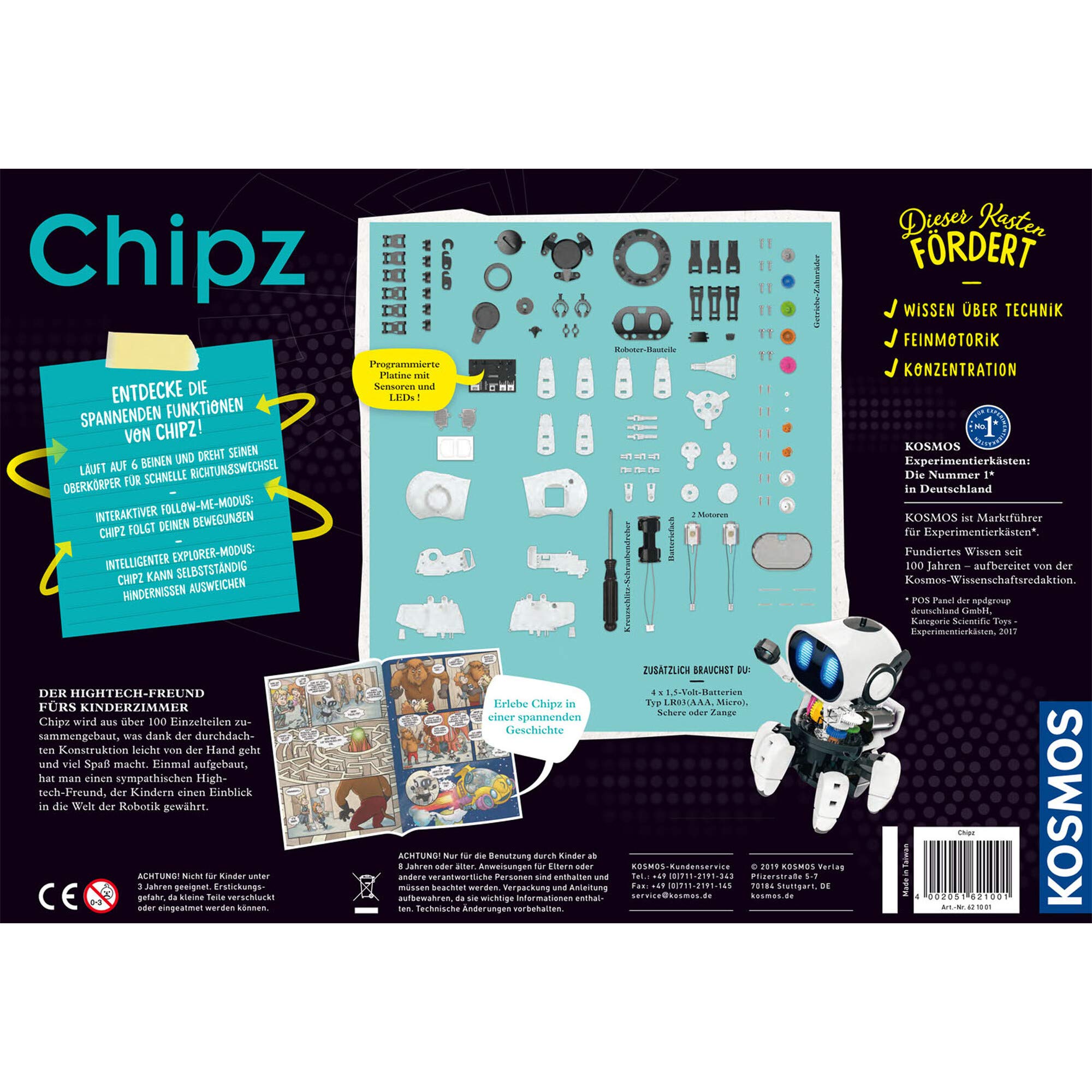 Kosmos 621001 - Chipz - Dein intelligenter Roboter, mit 6 Beinen, folgt Bewegungen, weicht Hindernissen aus, Licht- und Soundeffekte, Roboter Spielzeug, Bausatz