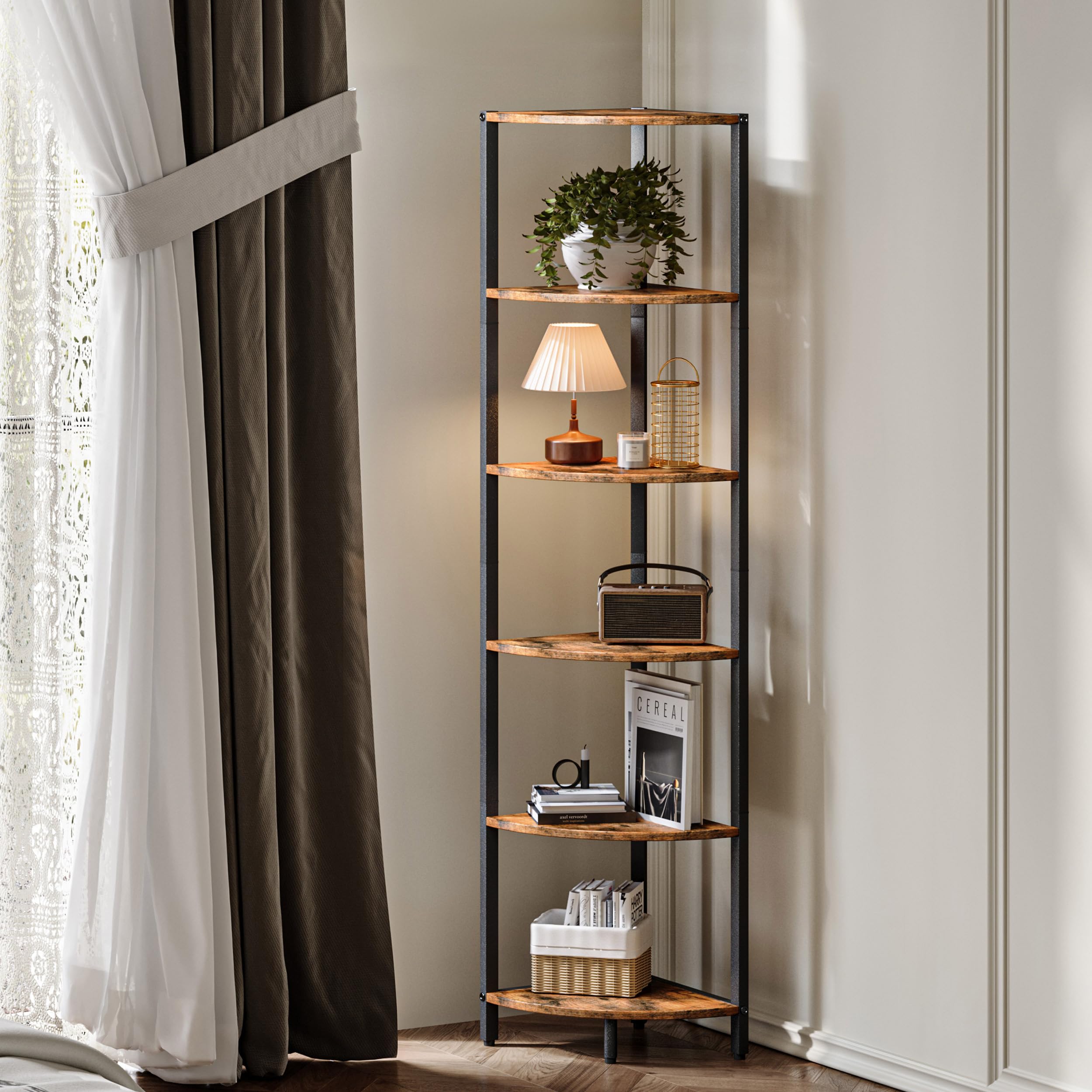 Estantería Esquinera Alta 6 Niveles Madera Mueble Esquinero Vertical para Libros Exhibición Marrón
