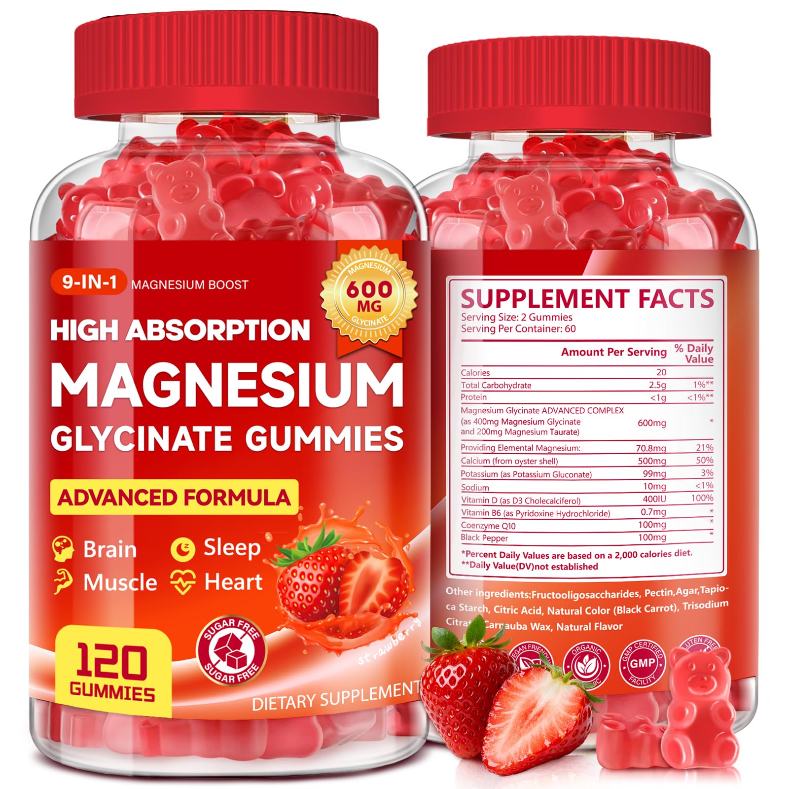 Magnesium Glycinate Gummies 600 mg, Sugar Free Magnesium Supplement 120Ct Strawberry 120 Count (Pack of 1)