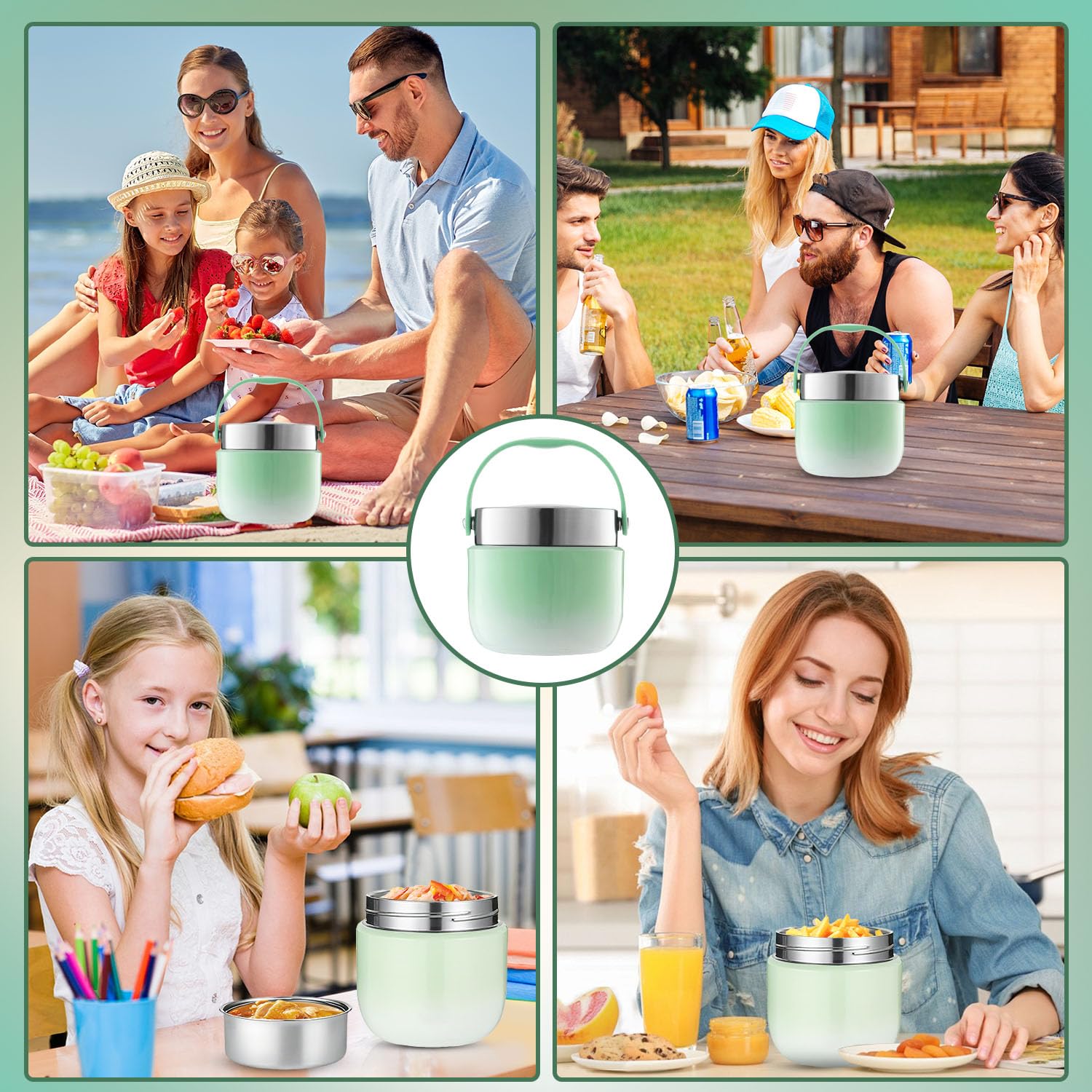 Portapranzo Termico per Alimenti 1200ml Contenitore Termico per Alimenti Caldi con Cucchiaio Pieghevole per Conservare Porridge,Zuppa,Frutta,Yogurt e Pranzi (Verde)