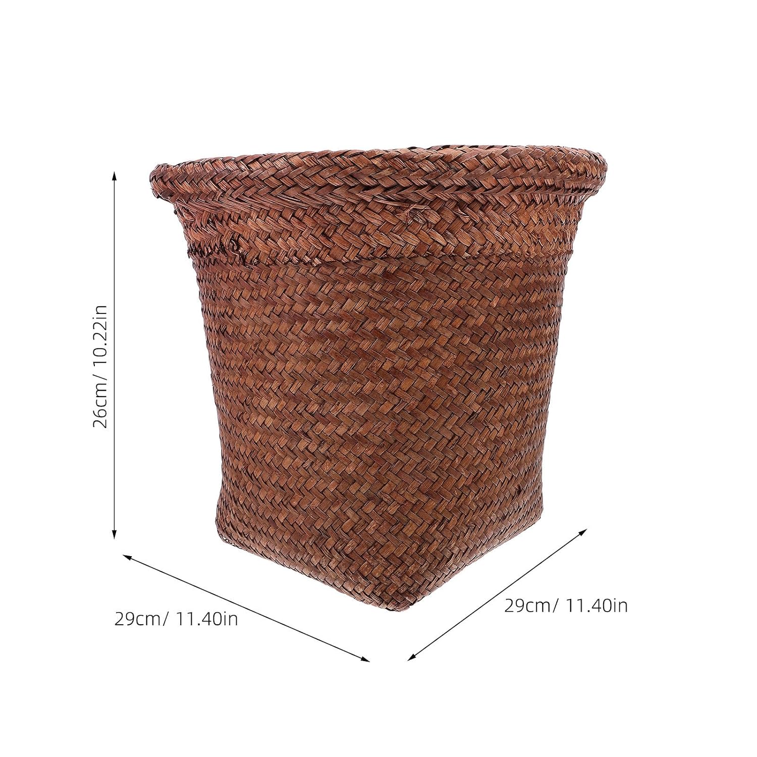 Housoutil Straw Woven Wastebasket Medium Size Coffee Color Household Trash Can Office Desktop Storage Bin for Home Organization and Room Use