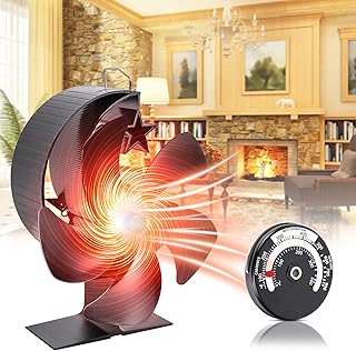 Meetory Stove Fans Log Burners Silent, 5 Blade Upgrade Wood Burner Fire Fans, Woodburner Fireplace Fan with Thermometer, Heat Powered Eco Log Fire Fan for Wood Burning Stove Log Burner Fireplaces