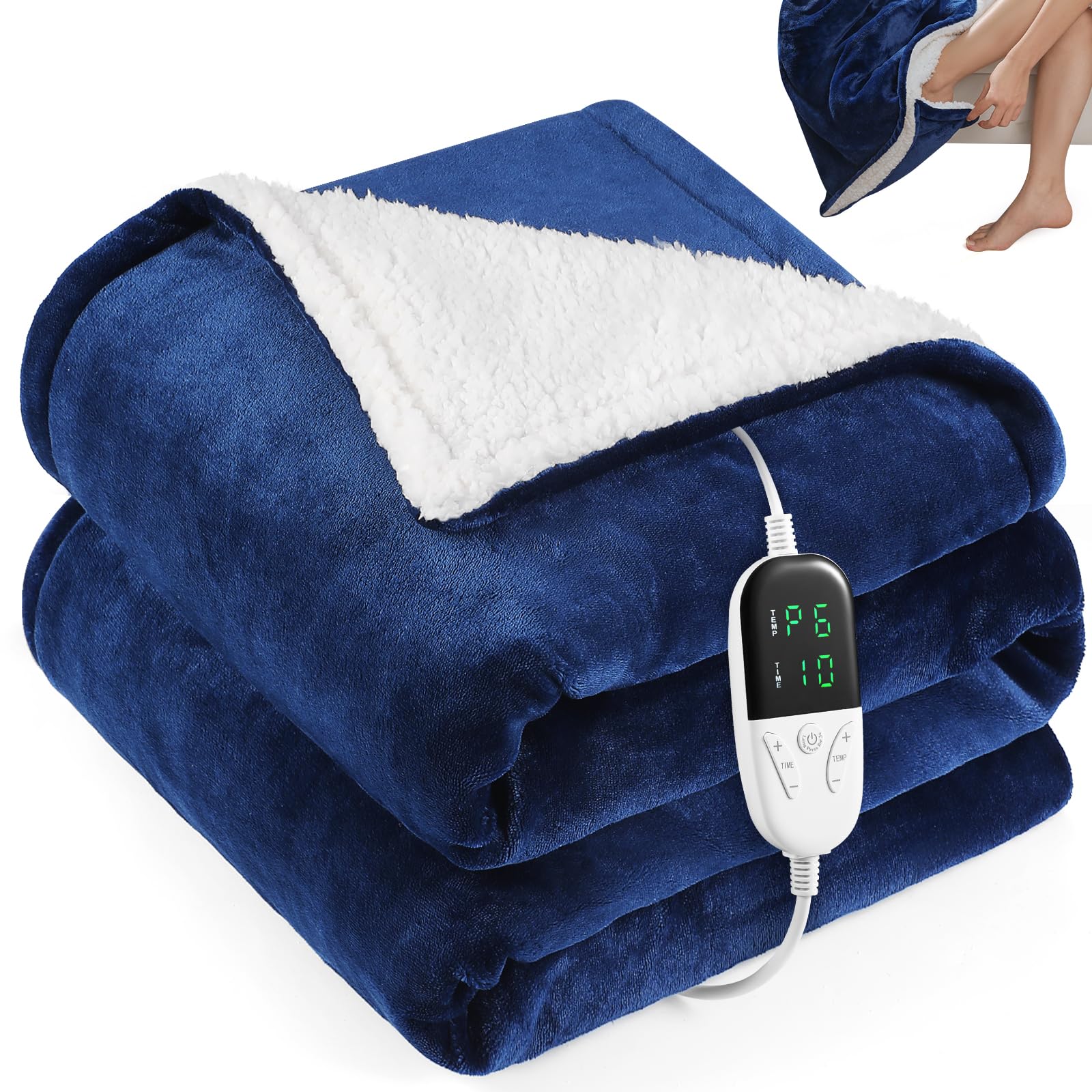 OneAmg Coperta Termica Elettrica,155x180cm con Tasca 6 Livelli di Riscaldamento,Timer 10H,Spegnimento Automatico Della Coperta Elettrica Telecomando Digitale,Lavabile in Lavatrice Blau