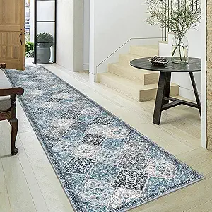 KILOCOCO 2.6x18 Runner Rug, Moroccan Super Soft Washable Hallway Entryway Runner Rug, Accent Print Faux Wool Kitchen Runner Non-Slip Boho Carpet for Laundry Room Bedroom, Blue/Multi