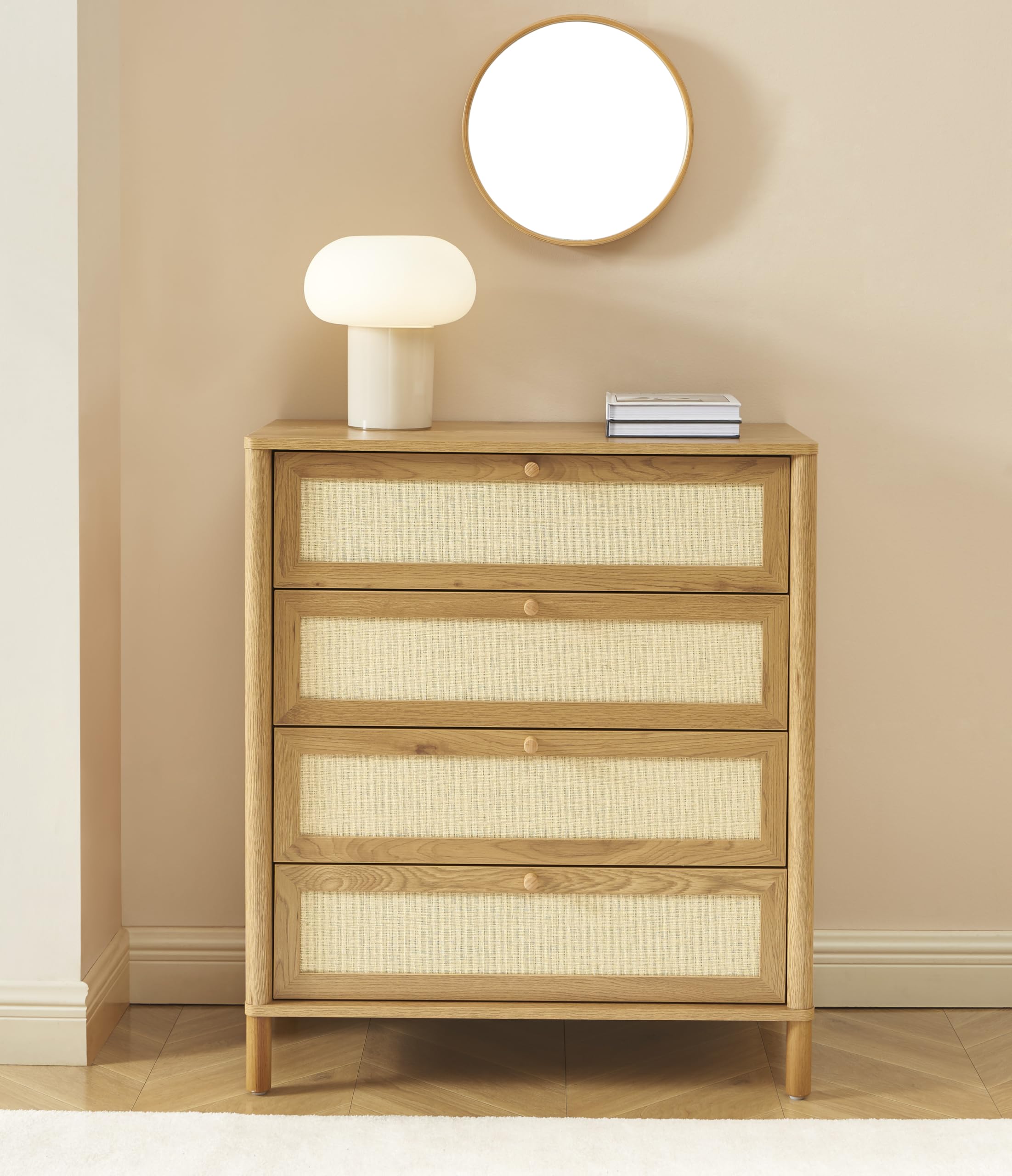BAÏTA Commode Haida 4 tiroirs Effet chêne et rotin 80cm
