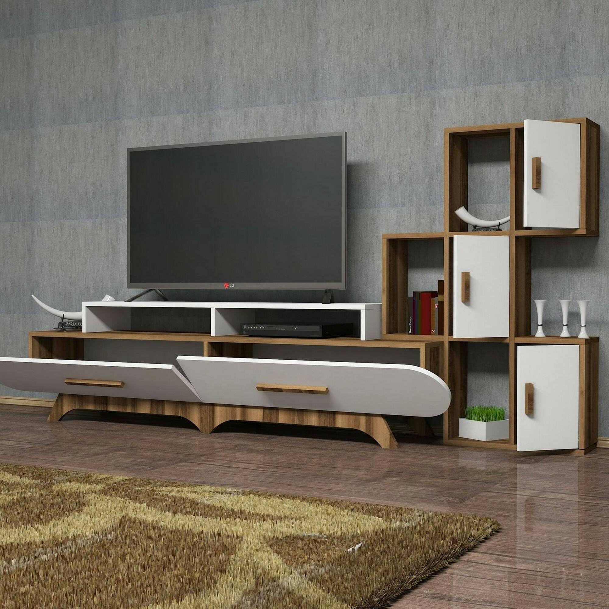 Dmora - Parete attrezzata Zephyria, Composizione soggiorno, Mobile salotto multiuso, Armadio porta TV, 205x37h50 cm, Noce e Bianco
