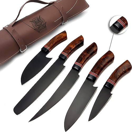 SHINY CRAFTS Juego de cuchillos de cocina hechos a mano con mango de madera y hoja de acero D 2, juego de cuchillos de chef con rollo de bolsa de