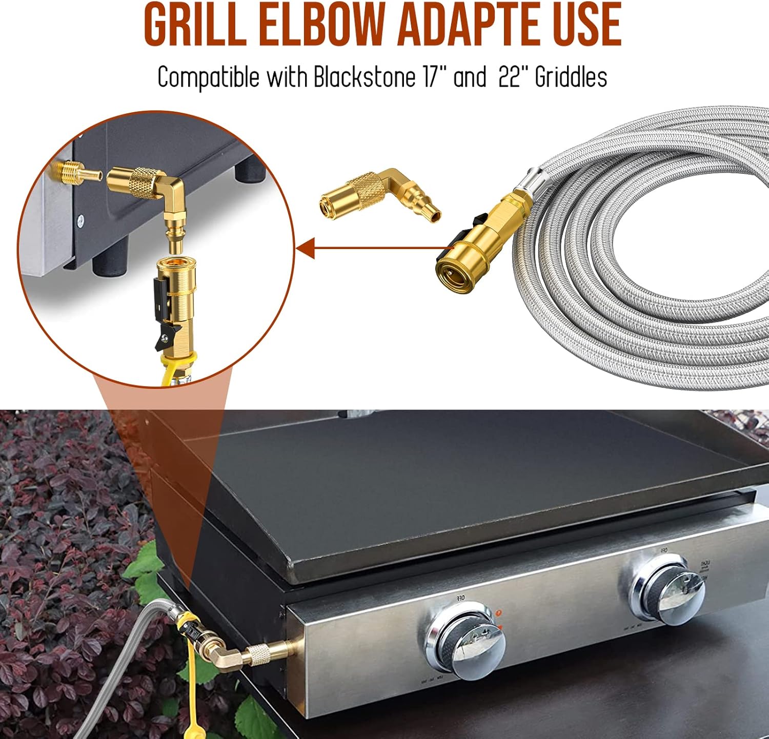 12FT Propane Hose Quick Connect Fittings for RV to Grill with Shutoff Valve and 1/4" Male Full Flow Plug, Stainless Steel Braided Hose with Elbow Adapter for 17" and 22" Blackstone Griddles
