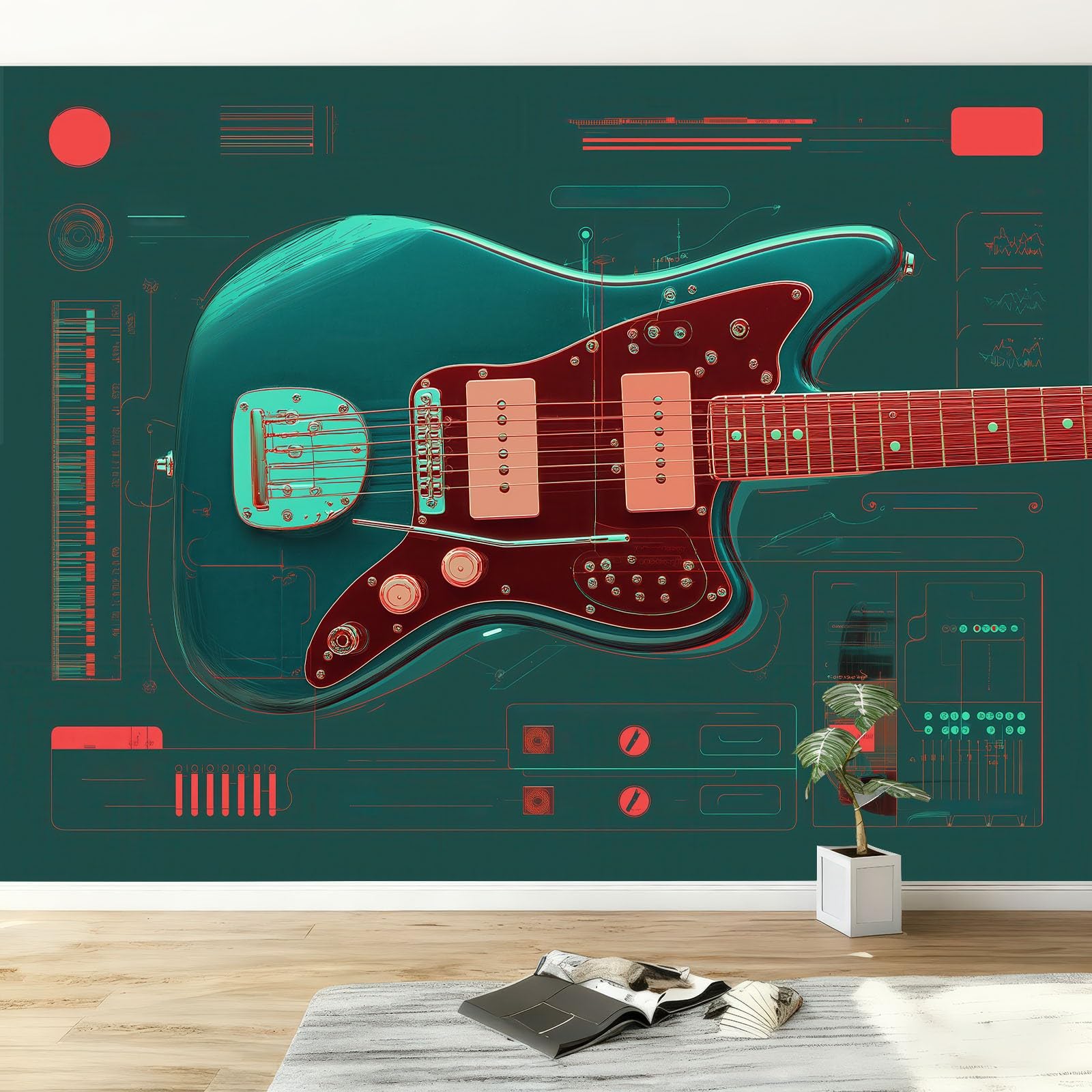 Papel Pintado Panorámico 3D Música Guitarra Geométrico Rayas, Mural de Pared Estilo Retro para Salón Dormitorio Habitación Infantil Sala de Juegos - Decoración Mural Fotográfica 350An x 256Al cm