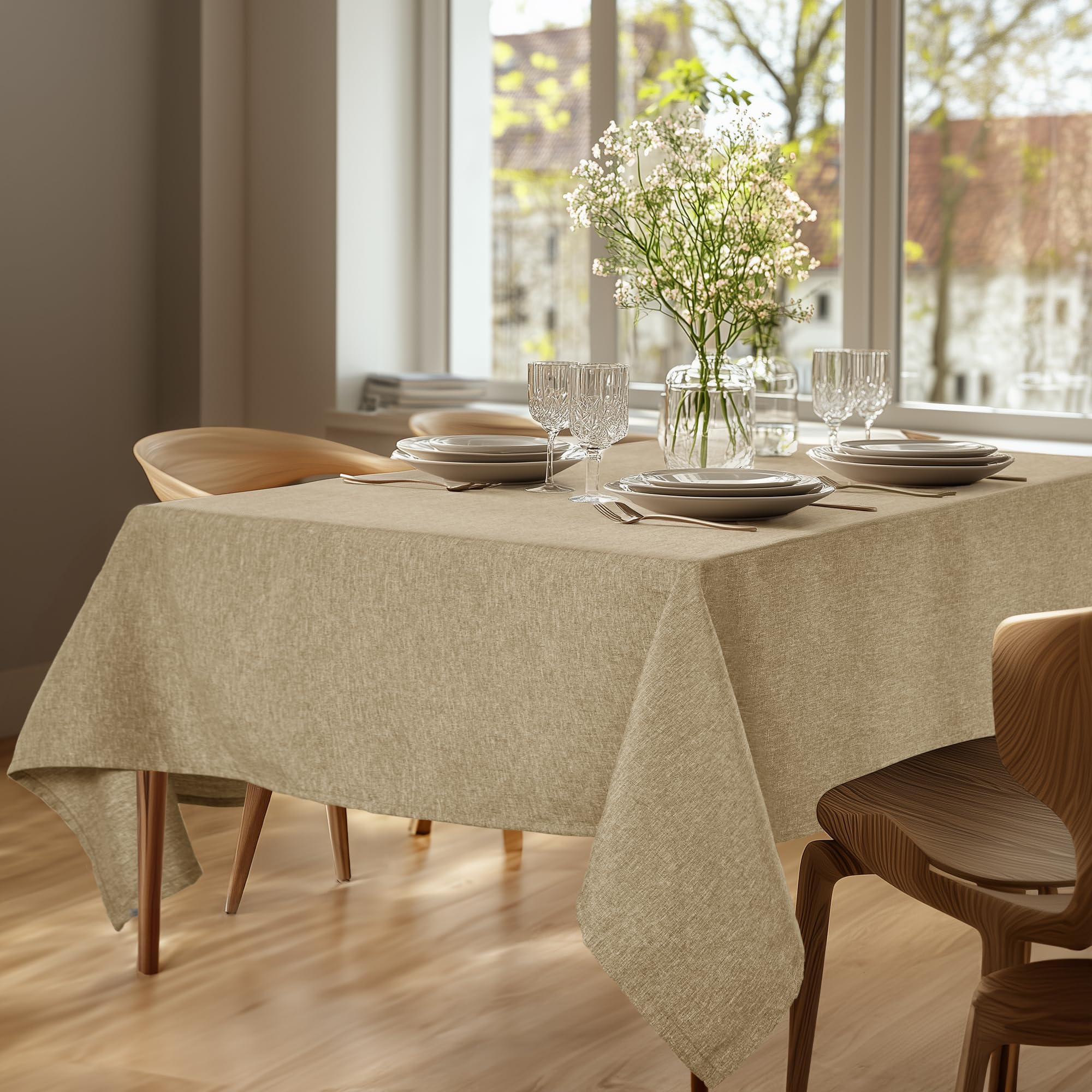 Deconovo Abwaschbare Tischdecke Lotuseffekt Leinenoptik Gartentischdecke Wasserabweisende Tischdecken Rechteckig stilvolle Tischwäsche für Esszimmer Küche, 160x130 cm, Taupe, 1 Stück