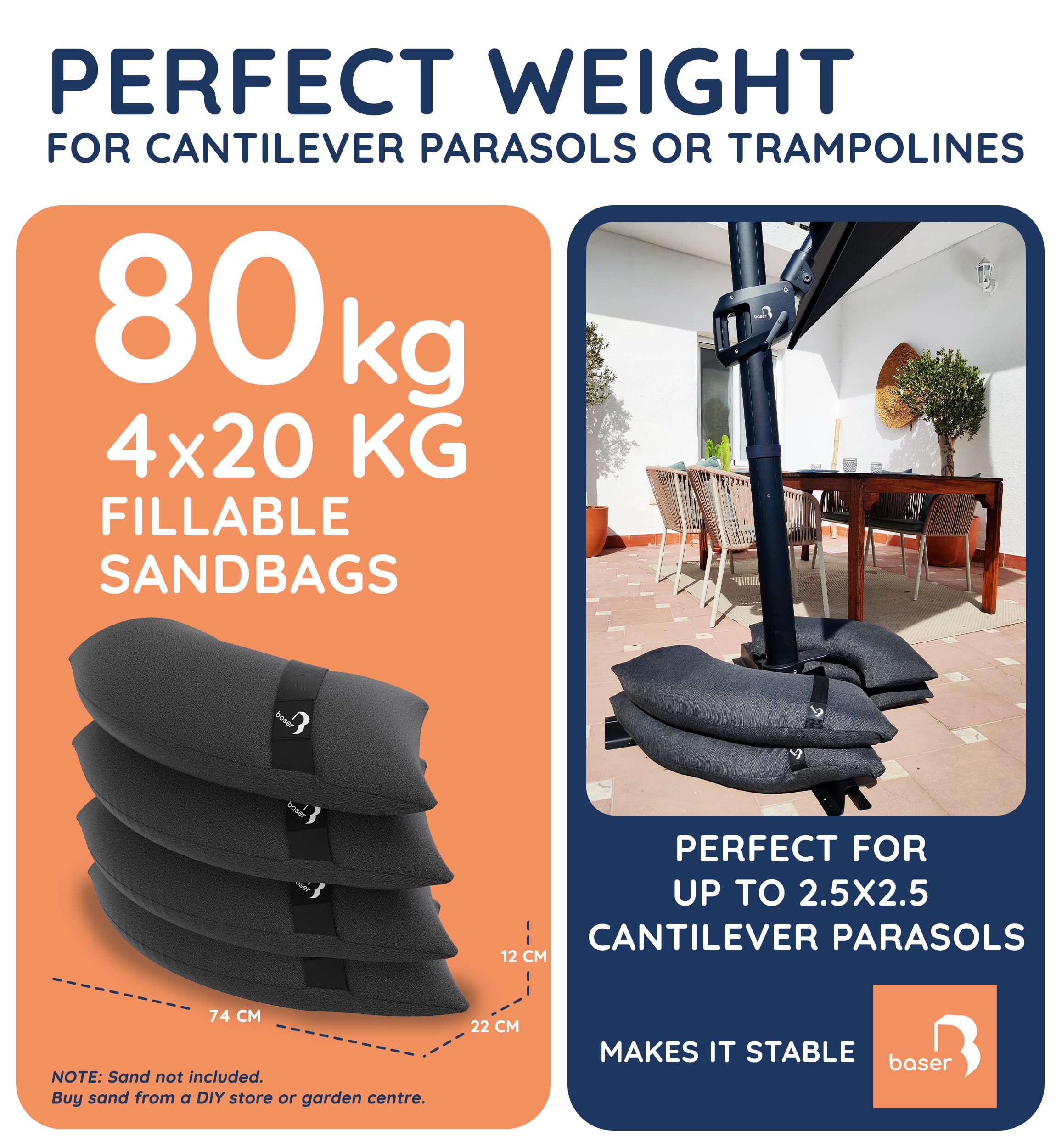 Baser Heavy Duty Fillable Sandbags for Cantilever Umbrellas and Trampolines Windproof Outdoor Furniture Weights - Image 2