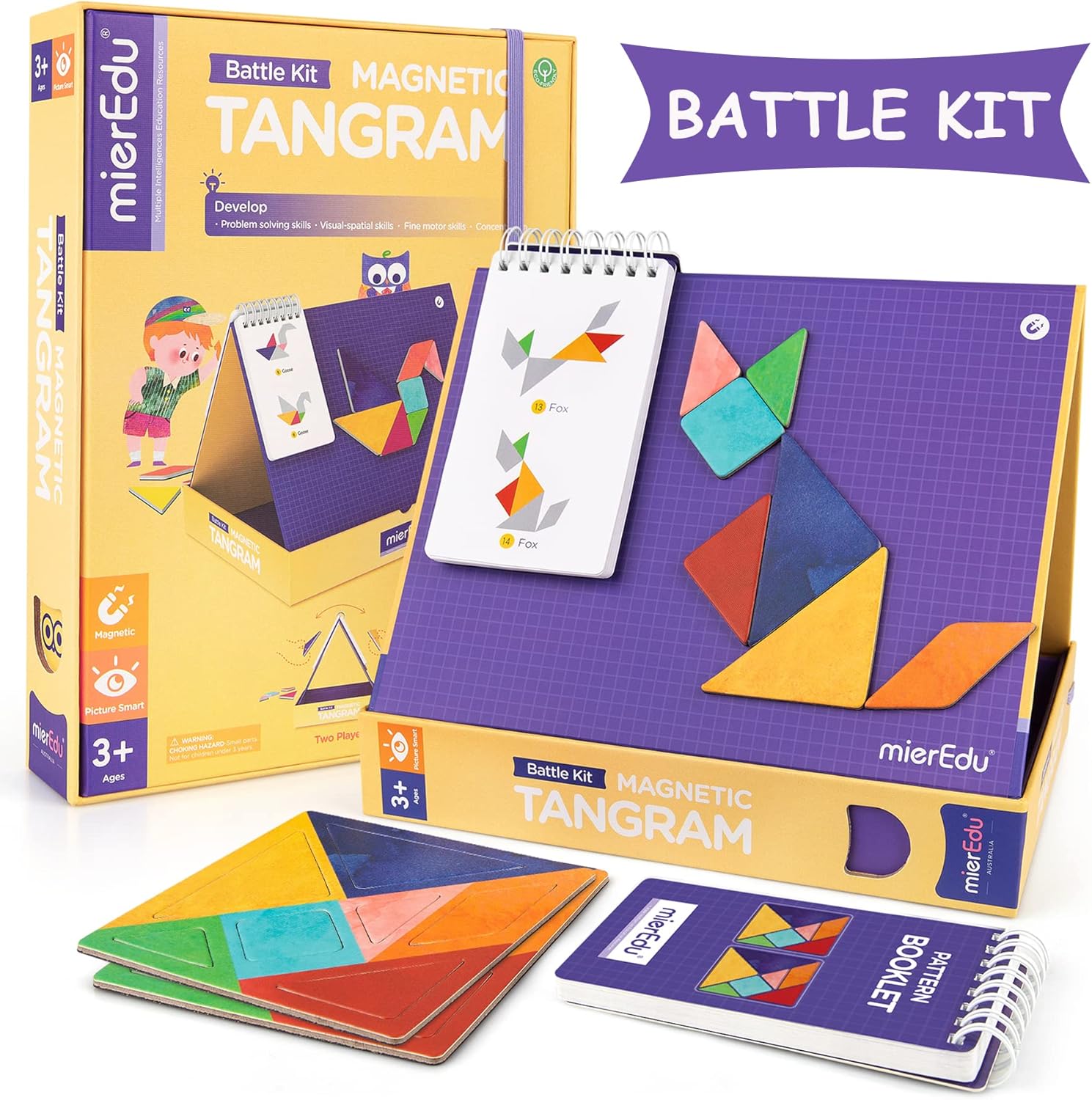 mierEdu Tangram Puzzle con 2 Juegos de Formas Magnéticas Puzzle, Juguetes Educativos Regalo para niños de 3 + Años de Edad, Tablero magnético de Doble Cara, 100 Desafíos de Patrones (Kit de Batalla)