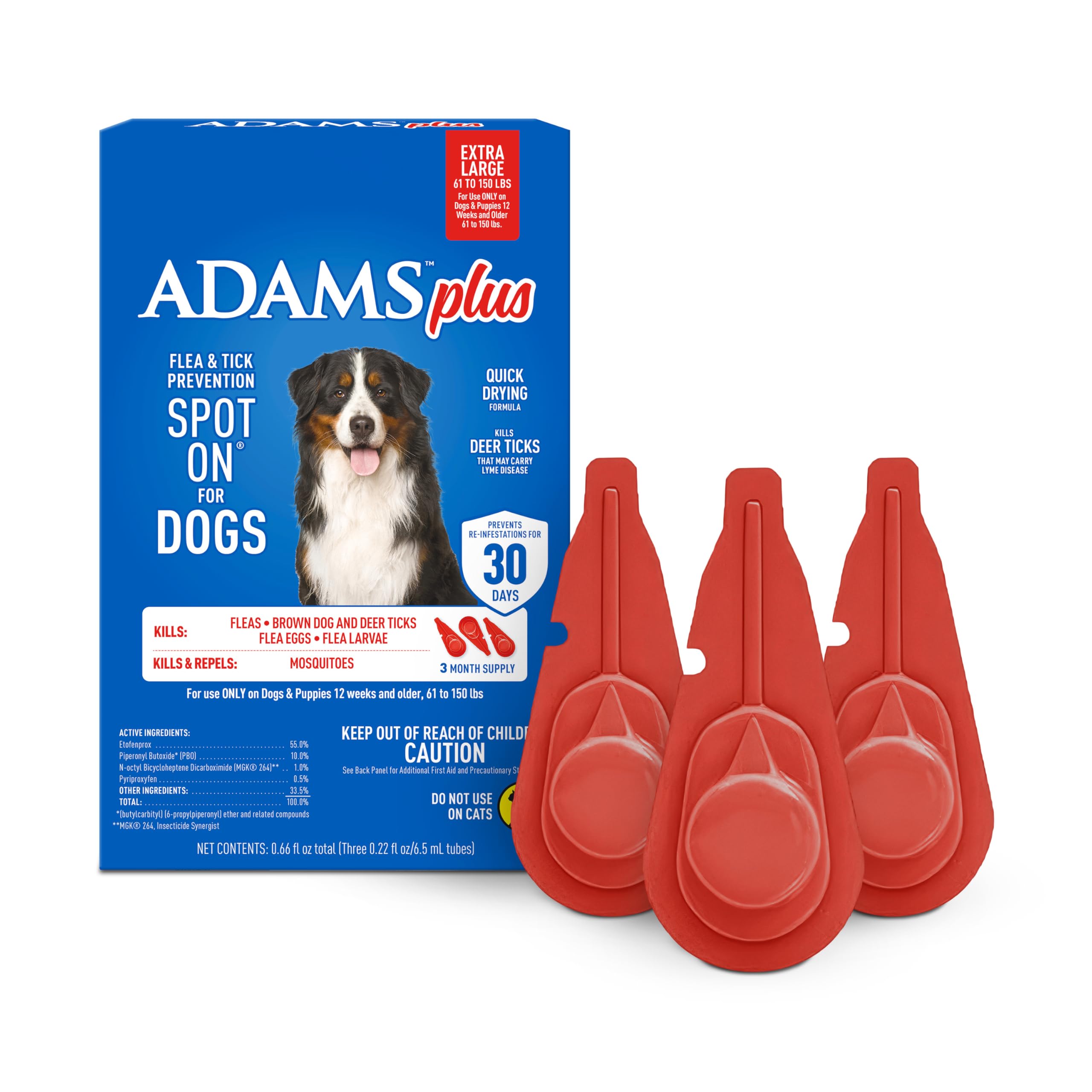 ADAMS Plus Flea & Tick Prevention Spot On for Dogs, Extra Large Dogs, Kills Fleas, Flea Eggs, Flea Larvae and Brown Dog and Deer Ticks, Kills and