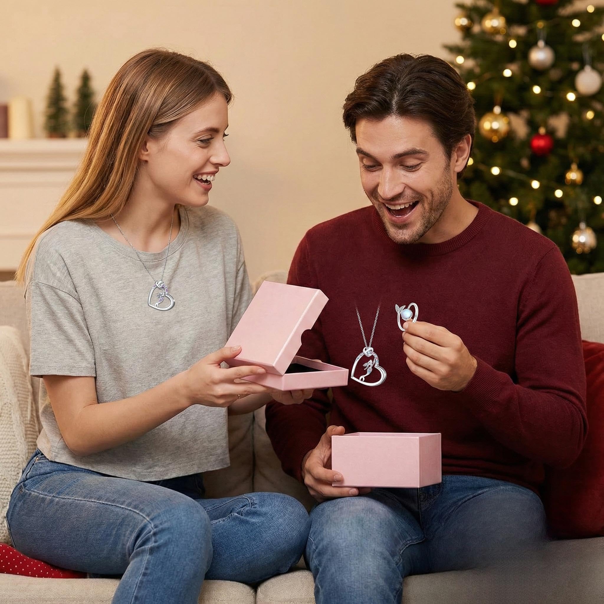 Collana Sirena con Anello a Forma di Coda e Scatola Regalo Rosa per Bambina
